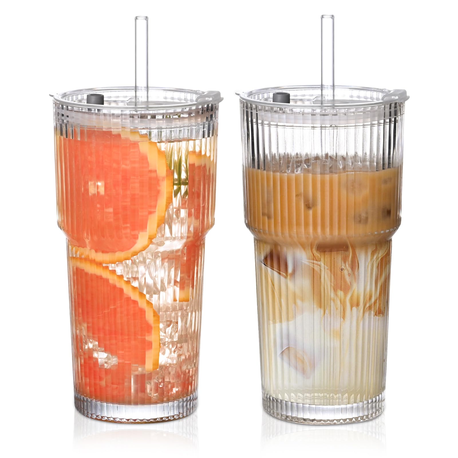 AUFXKOO 20oz Ribbed Glass Cups with Lids and Straws,2PCS Glass Tumbler with Straw and Lid,Drinking Glasses for Iced Coffee Cups,Juice,Smoothies