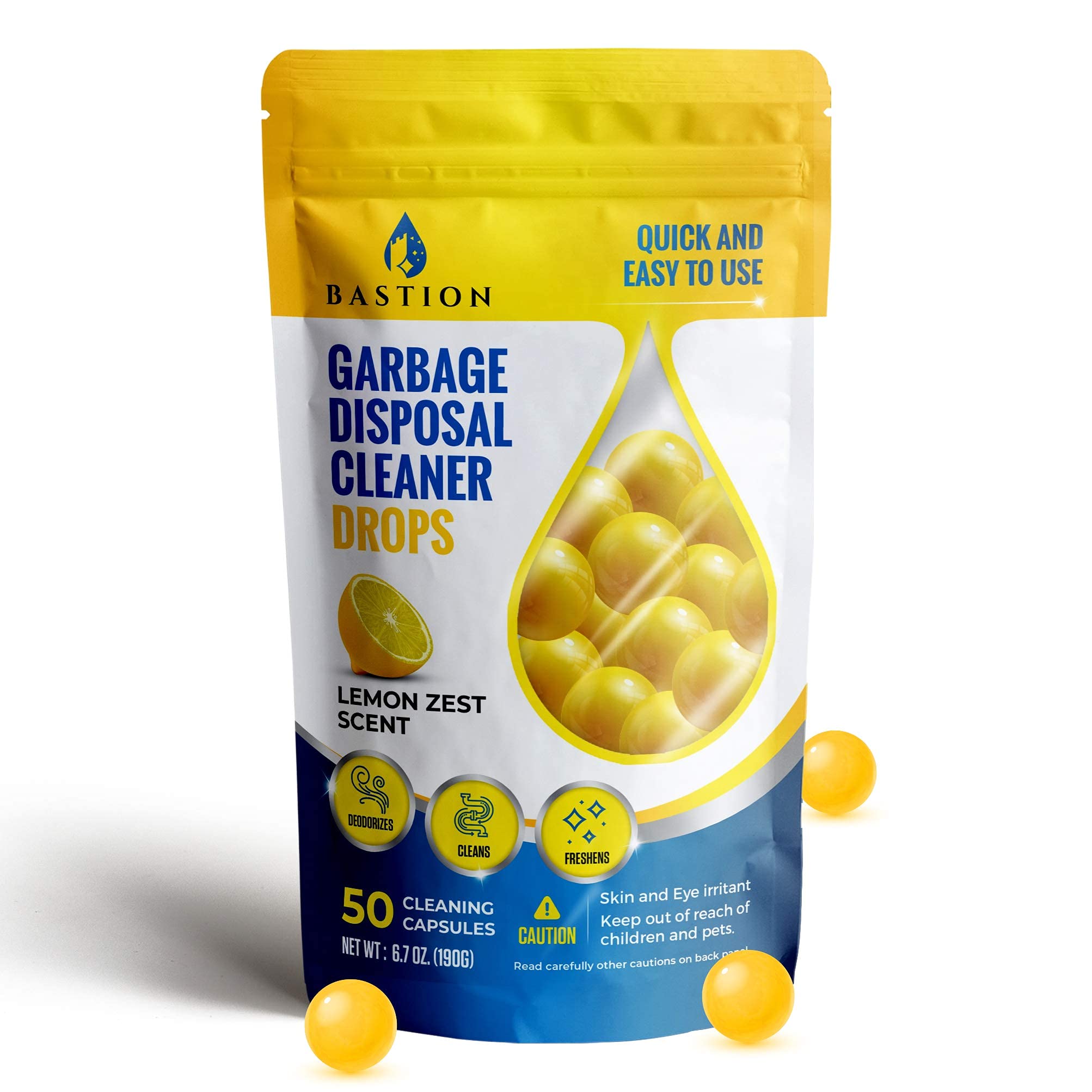 Garbage Disposal Cleaner and Deodorizer Drops- [[50-Count]] Lemon Zest Scented Kitchen Sink Freshener Pods & Drain Odor Eliminator Disposer Care Balls by Bastion