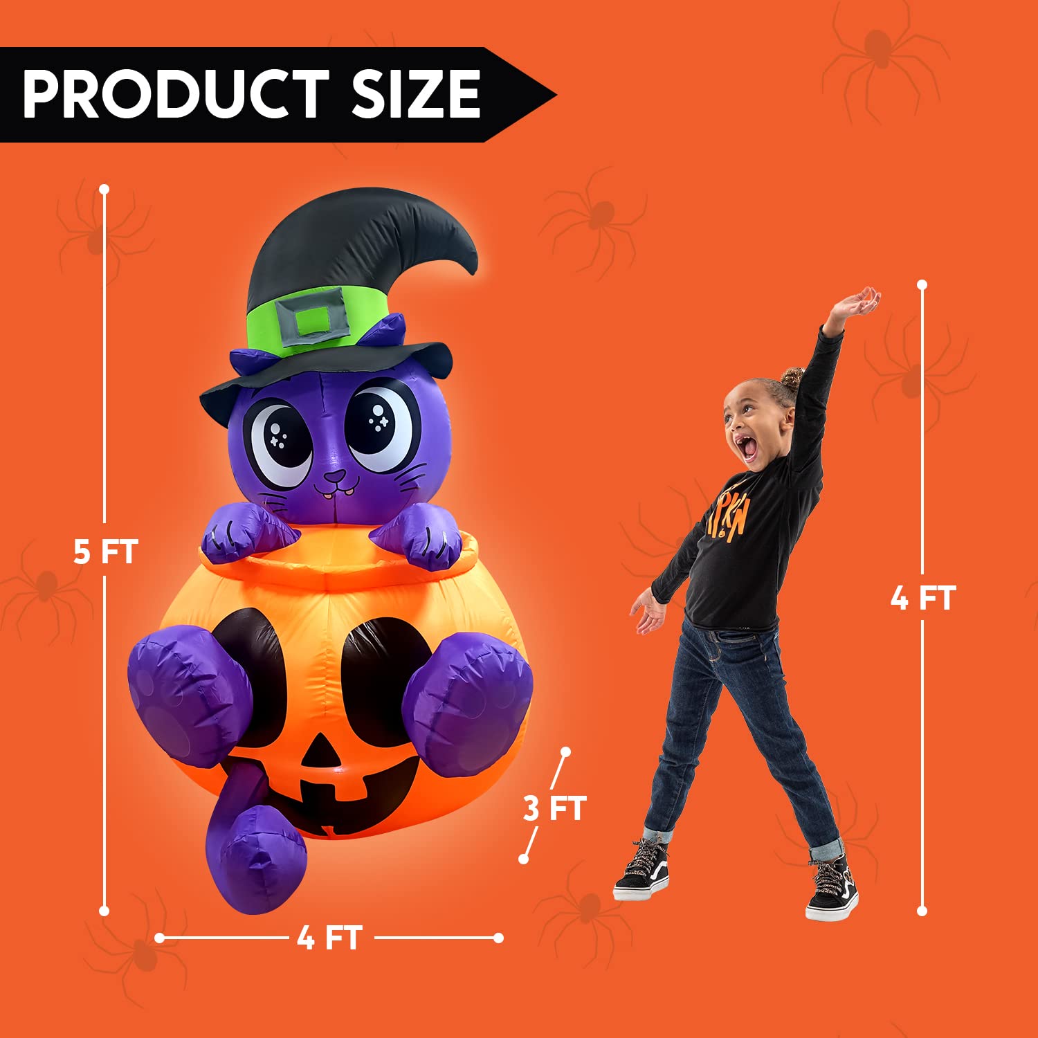 Joiedomi 5 FT Tall Halloween Inflatables Outdoor Decorations, Witch's Cat Inflatable Halloween Decor Outdoor, Halloween Inflatable Cat in Blow Up Pumpkin with LEDs for Cute Halloween Decoration