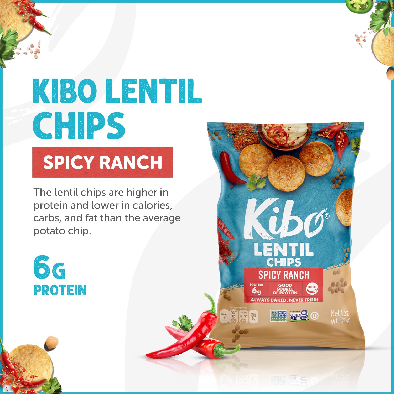 Kibo Lentil Chips Spicy Ranch with 6 Grams Protein, Non-GMO Vegan Crispy & Non-Fried 1 OZ (Pack of 12)