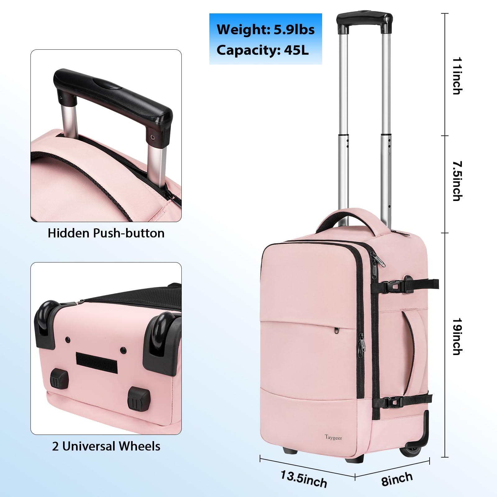 Taygeer Rolling Backpack for women, 17 inch Travel Laptop Backpack with Wheels & Shoe Pouch, Large Wheeled Backpack Carry on Luggage, Overnight College Work Suitcase Bag Roller Backpack Adult, Pink