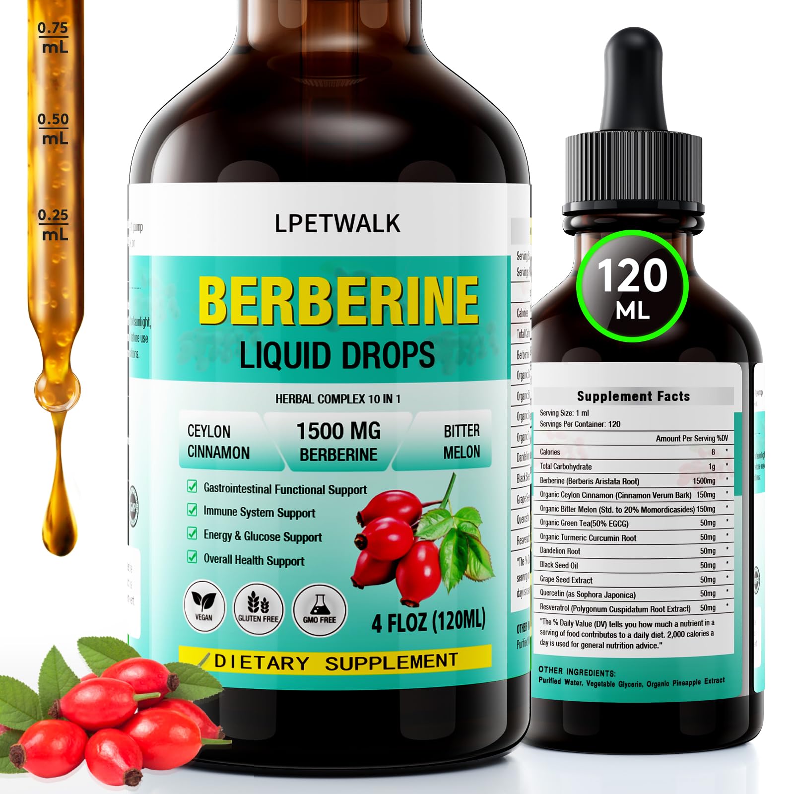 LPETWALK 4 FL Oz Organic Berberine Liquid Drops - Premium Berberine Supplement with Ceylon Cinnamon, Bitter Melon, Sugar-Free & Vegan Supplement Berberine Leaves Liquid, 98% Absorption - 120ML