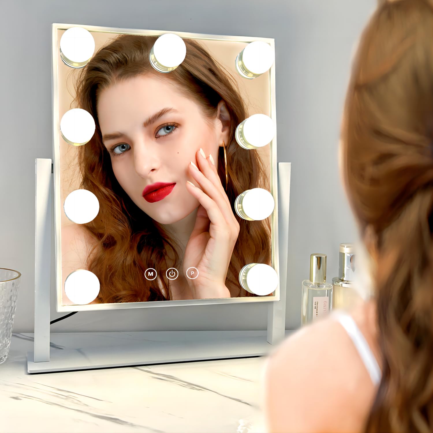 Acoolda Vanity Mirror with Lights, Hollywood Vanity Makeup Mirror with 9 Dimmable LED Bulbs, 3 Color Lighting Modes, Detachable 10X Magnification, 360°Rotation,White