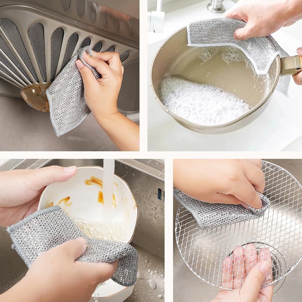 Multipurpose Wire Dishwashing Rags for Wet and Dry, 2024 Reusable Non Scratch Metal Wire Dishcloth, Upgrade Metal Scrubbing Pads Sponge Clean for Home Kitchen Stove Tops (5Pcs)