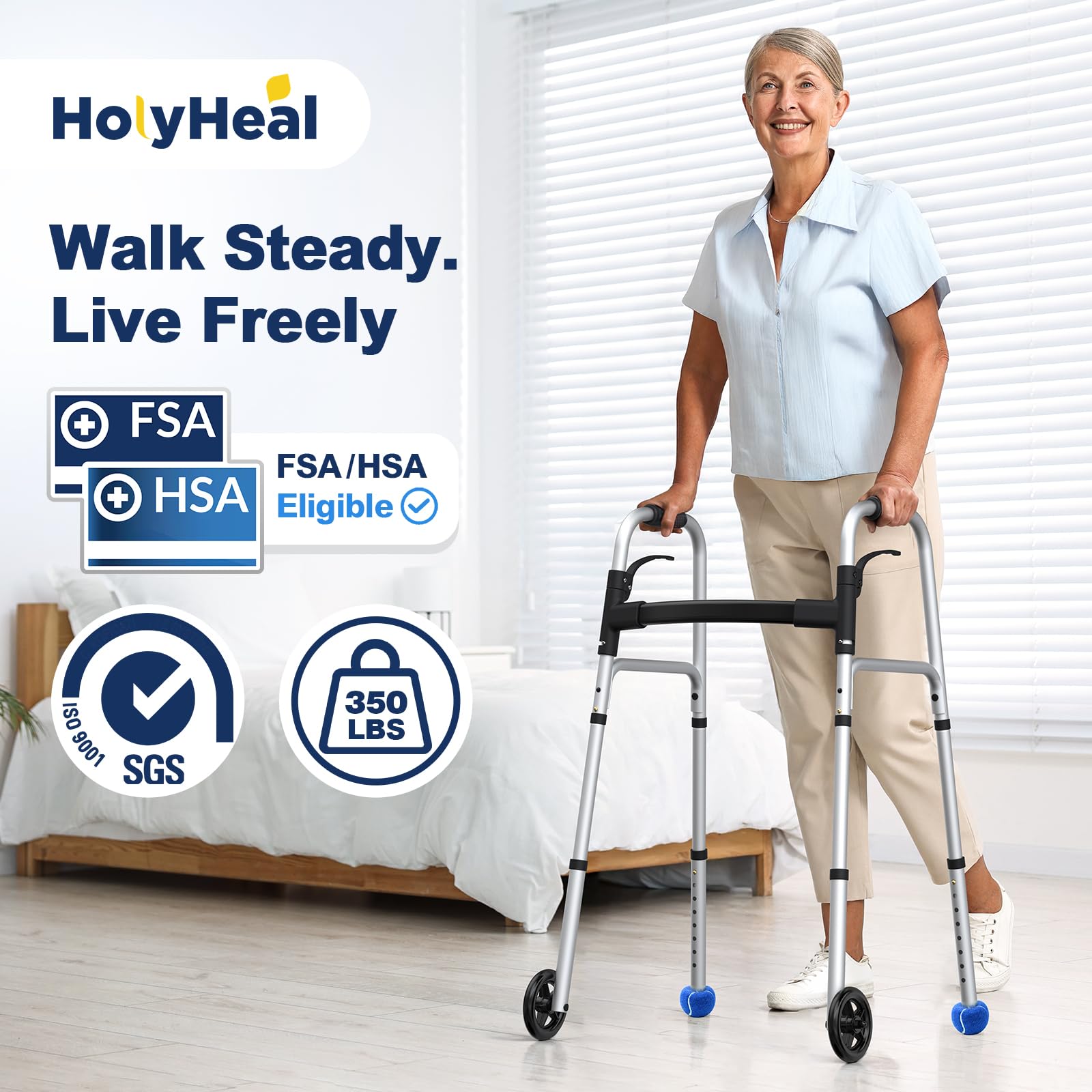 HolyHeal Folding Walker with 2 Precut Tennis Balls, Lightweight Walkers for Seniors with Wheels, Support Up to 350 lbs, Height Adjustable Standard Compact Walker & Ski Glides