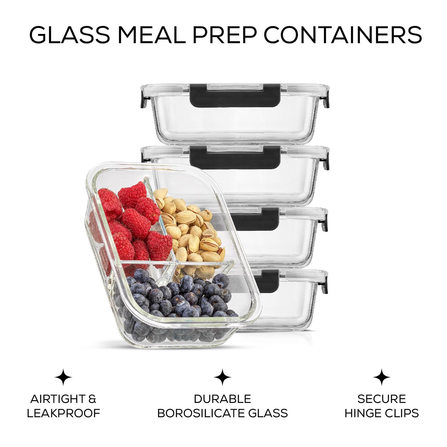 JoyJolt Divided 3 Compartment Glass Meal Prep Bento Box Set. 5 Pack Airtight Food Storage Containers with Lids for Portion Control and Weight Loss