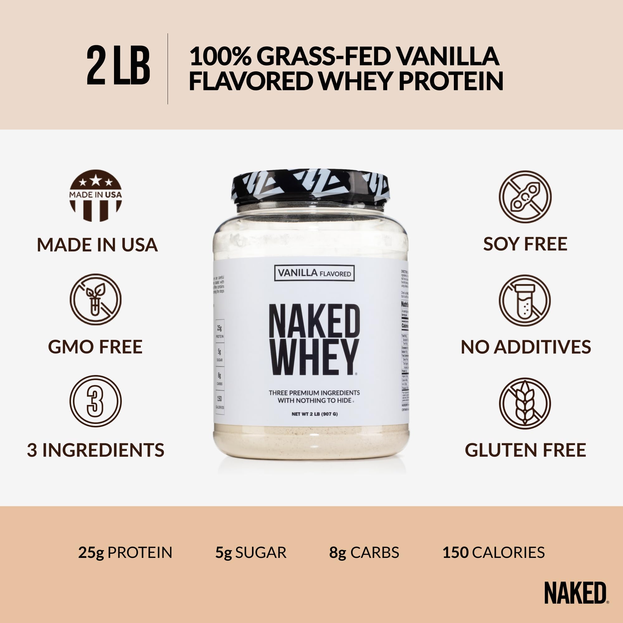 Naked Whey Vanilla Protein Powder - Only 3 Ingredients - Grass Fed Whey Protein Powder, Vanilla Flavor, and Organic Coconut Sugar, No GMO, No Soy, and Gluten Free - 24 Servings