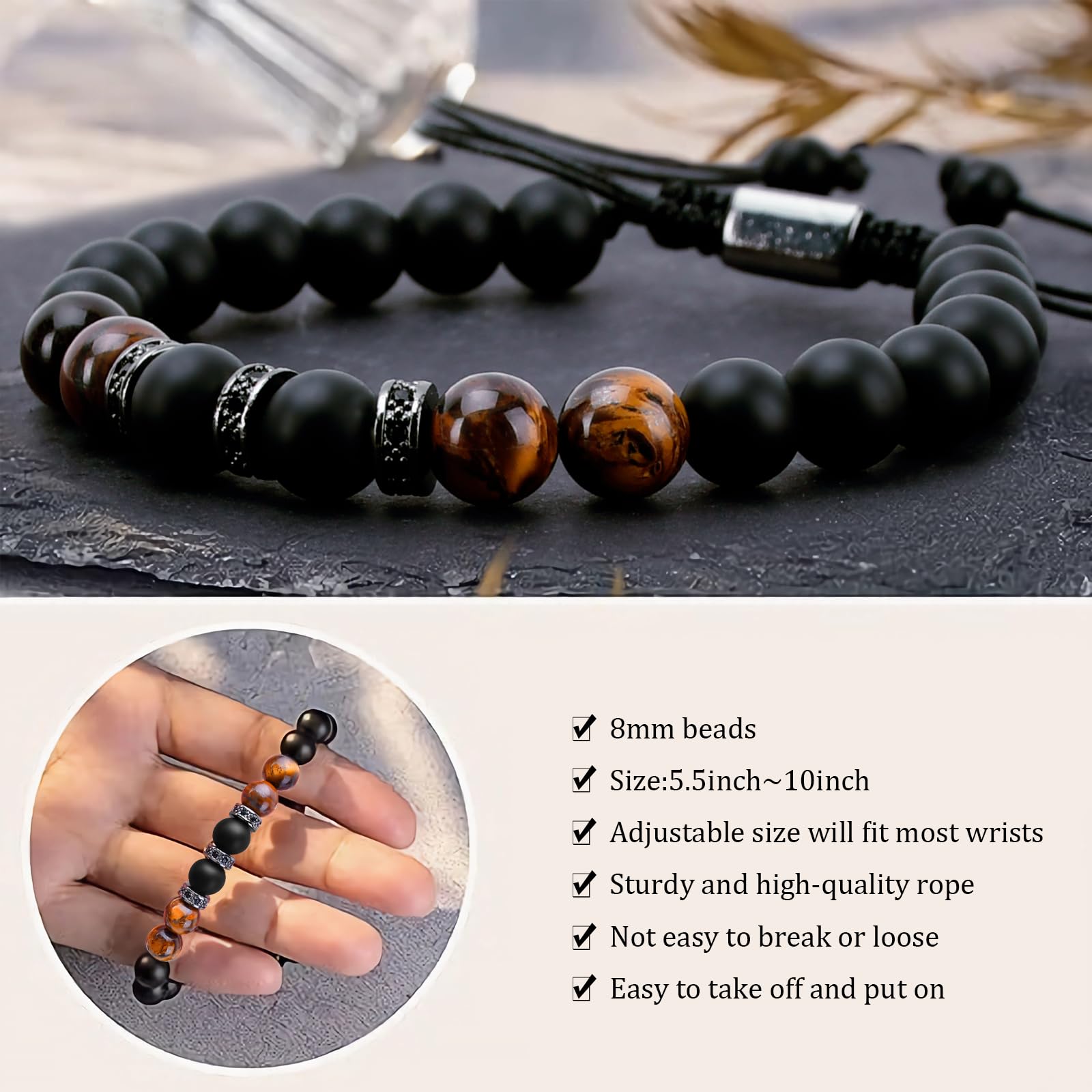 Inngeroo Birthday Gifts for Men Bracelets for Men Mens Gifts Mens Bracelet Valentines Day Gifts for Him Boyfriend Natural Stone for Husband, black