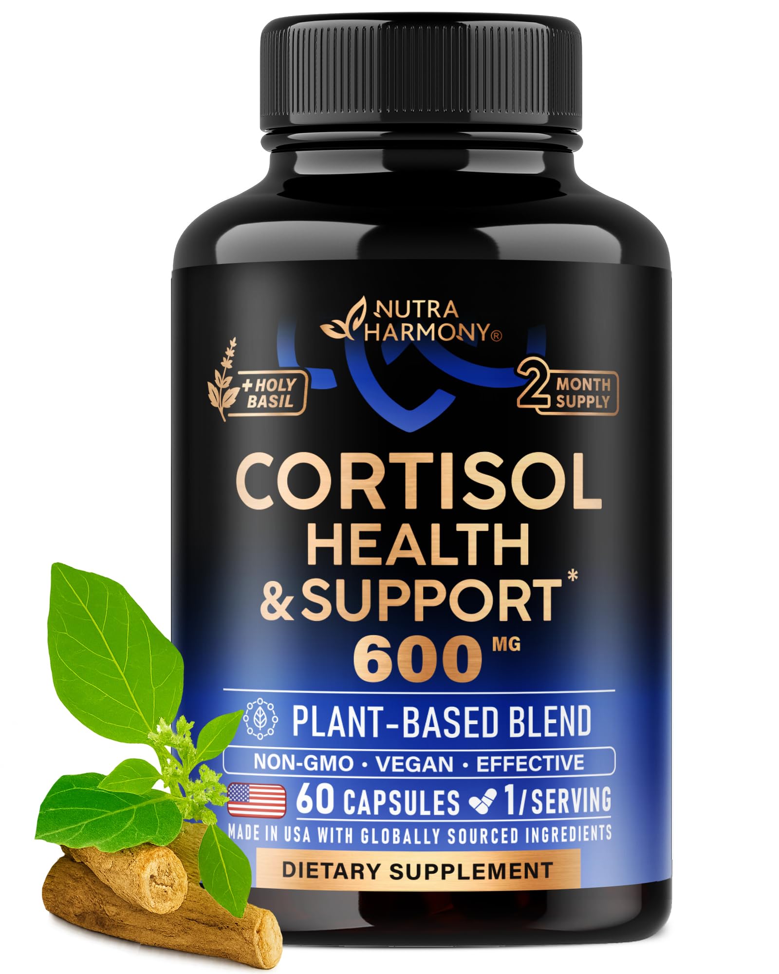 Cortisol Supplement for Women - Holy Basil | Ashwagandha | Rhodiola | L-Theanine - Plant-Based Hormone Balance - Mood, Focus & Sleep Support - Made in USA - Vegan, Non-GMO - 60 Capsules for 2 Months