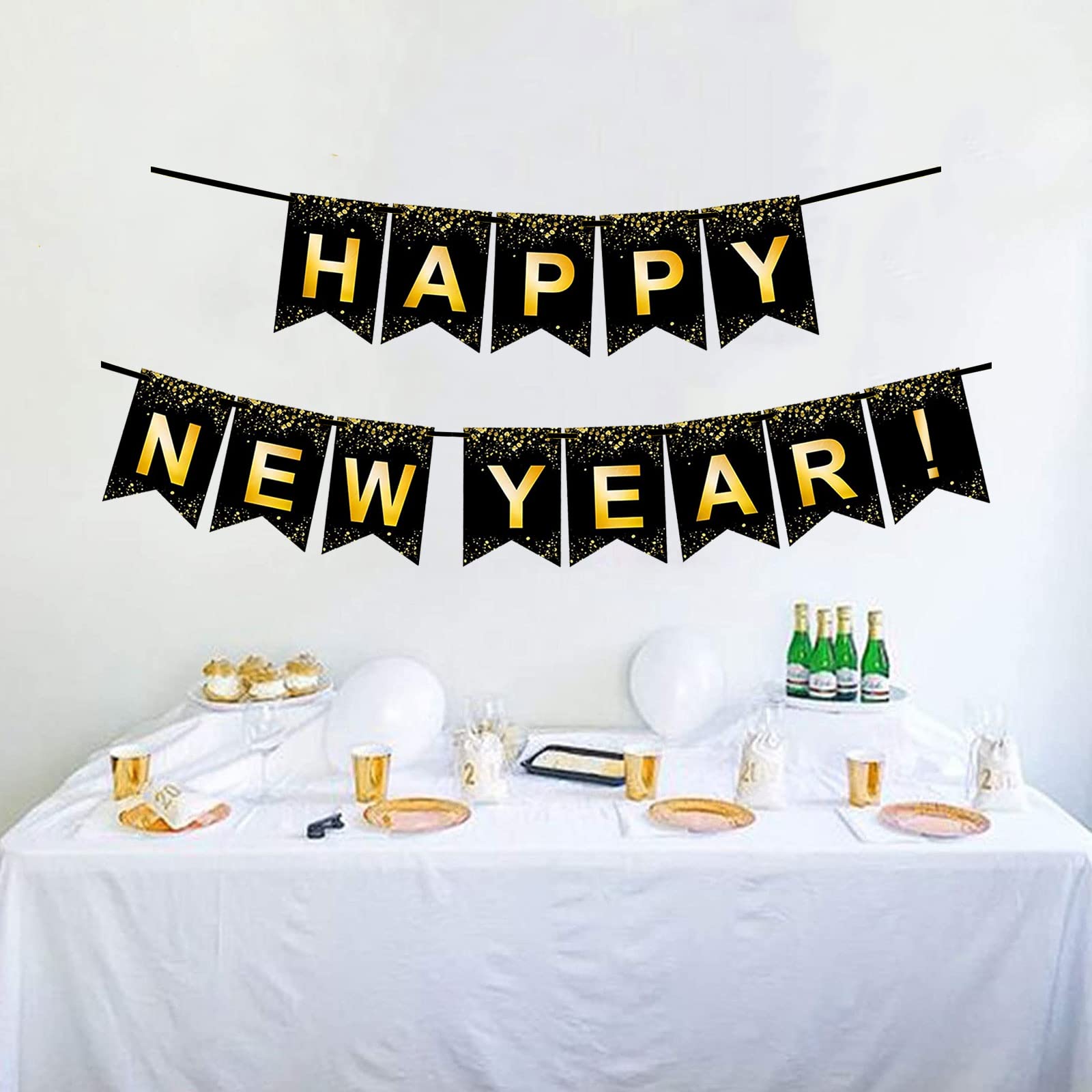 Fecedy Black Gold Happy New Year Banner for New year Party Decorations