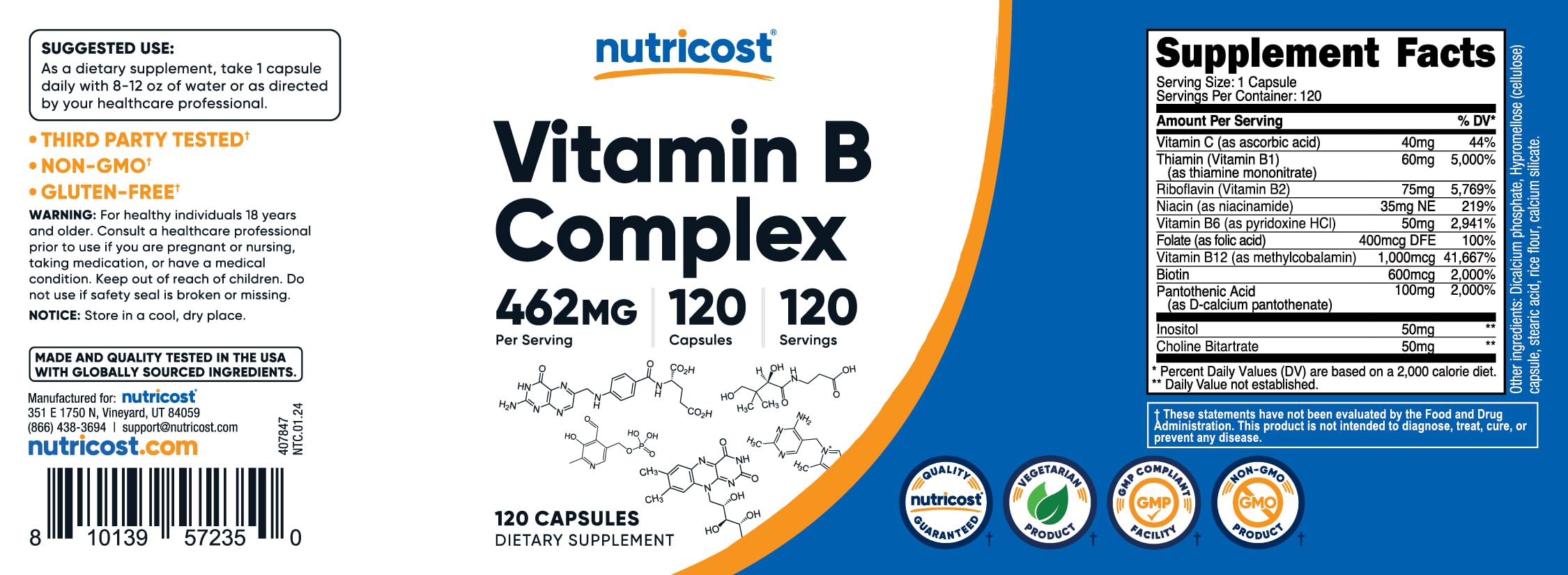 Nutricost High Potency Vitamin B Complex 462mg, 120 Capsules - with Vitamin C - Energy Complex