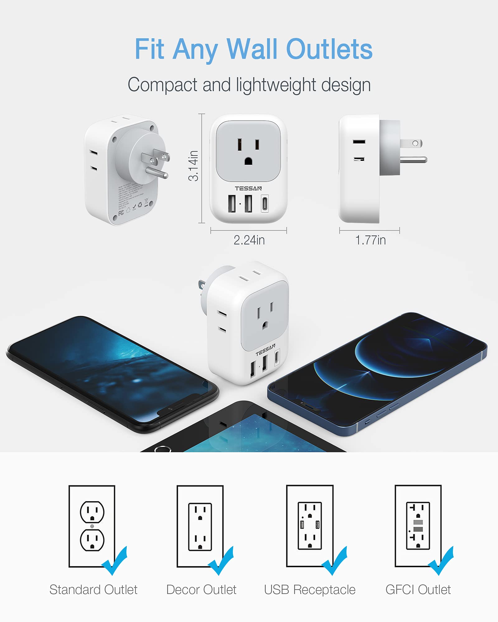 USB Wall Charger, USB Plug Adapter Outlet Extender, TESSAN 3 USB Block (1 USB C Port), Multi Charging Station for Cruise, Bathroom, Office, Dorm Essentials