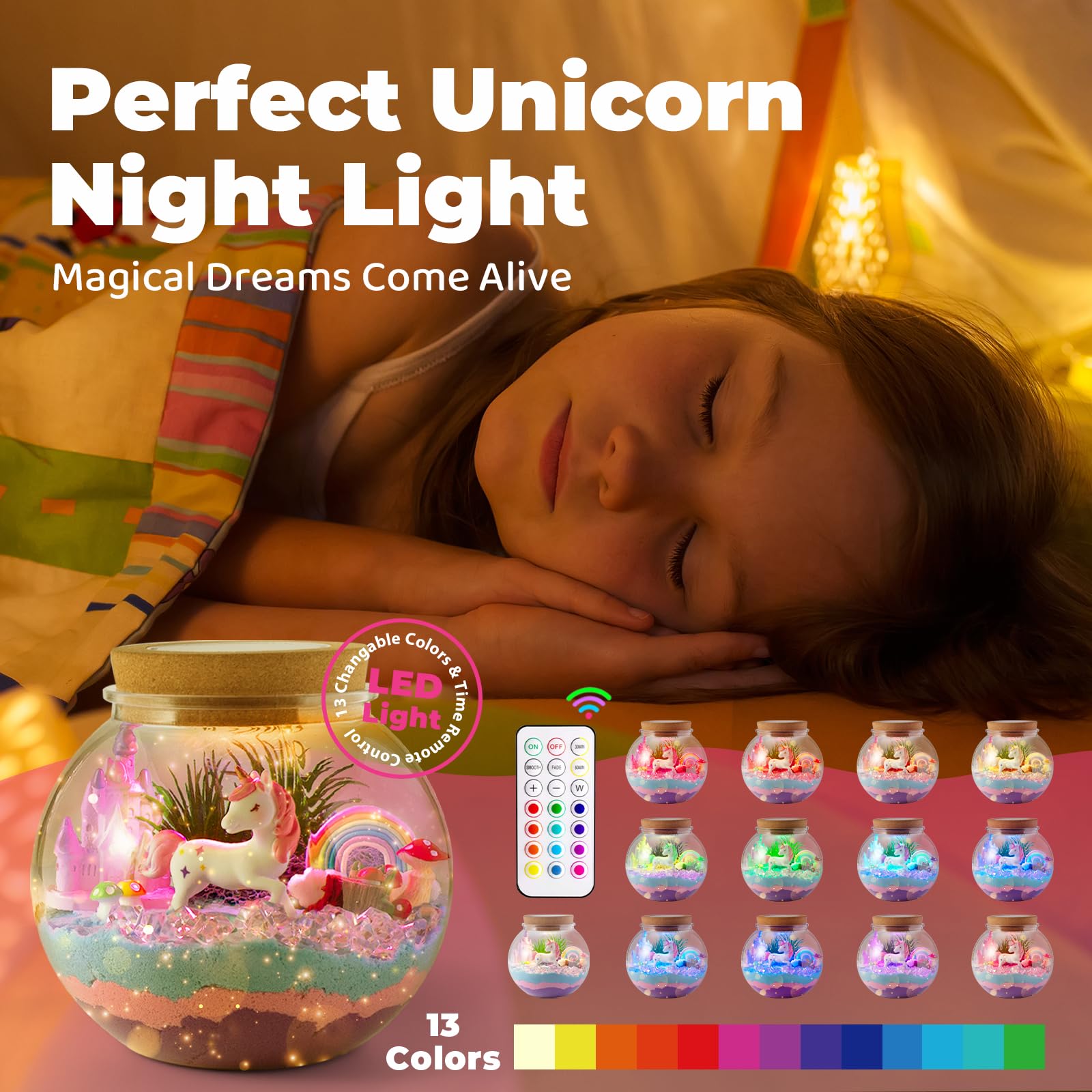 Unicorn Light-Up Terrarium Kit for Kids - LED Night Light Birthday Gift for Girls Ages 4 5 6 7 8-12 Year Old - Unicorn Toys for Girls - DIY Arts and Crafts Kit for Kids - Best Girls Presents