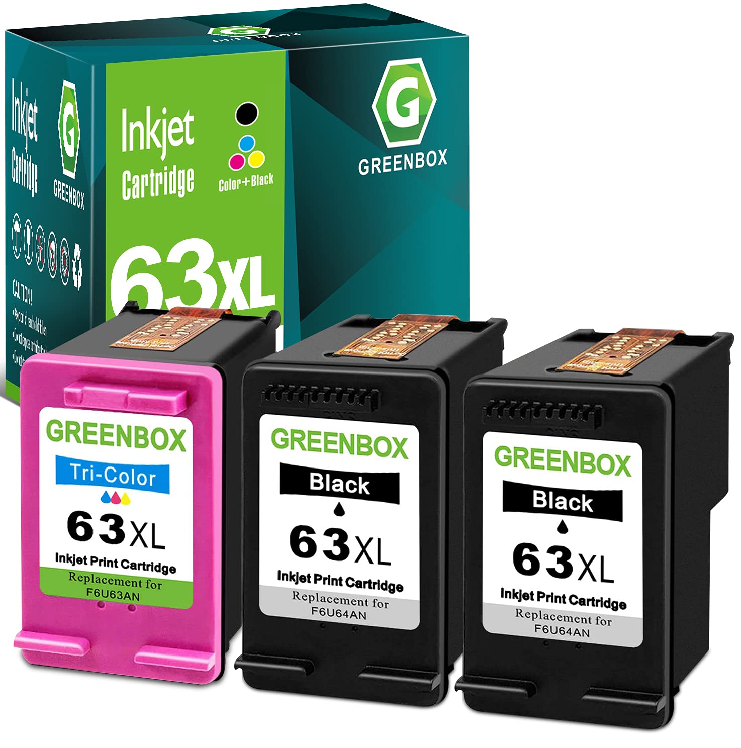GREENBOX 63XL Ink Cartridges Black/Color Combo Replacement for HP 63XL 63 XL Ink Cartridge for OfficeJet 3830 5255 5258 Envy 4520 4512 4513 4516 DeskJet 1112 1110 3630 3634 2130 2132 Printer, 3 Pack