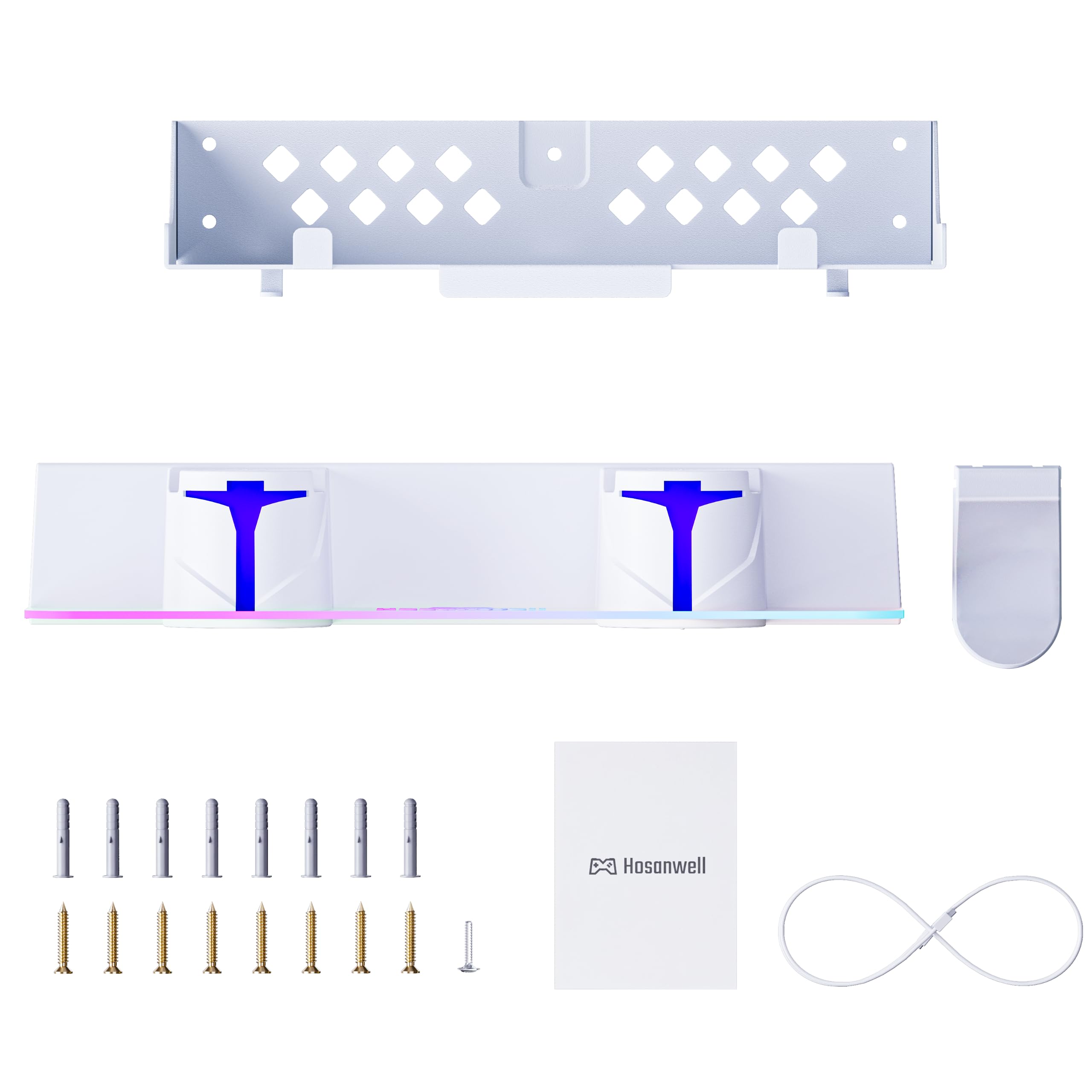 Hosanwell PS5 Wall Mount Kit with Charging Station, Compatible with PS5 and PS5 Slim Disc & Digital Version, Dual Use Charging Station with Multi-Mode RGB Light, White