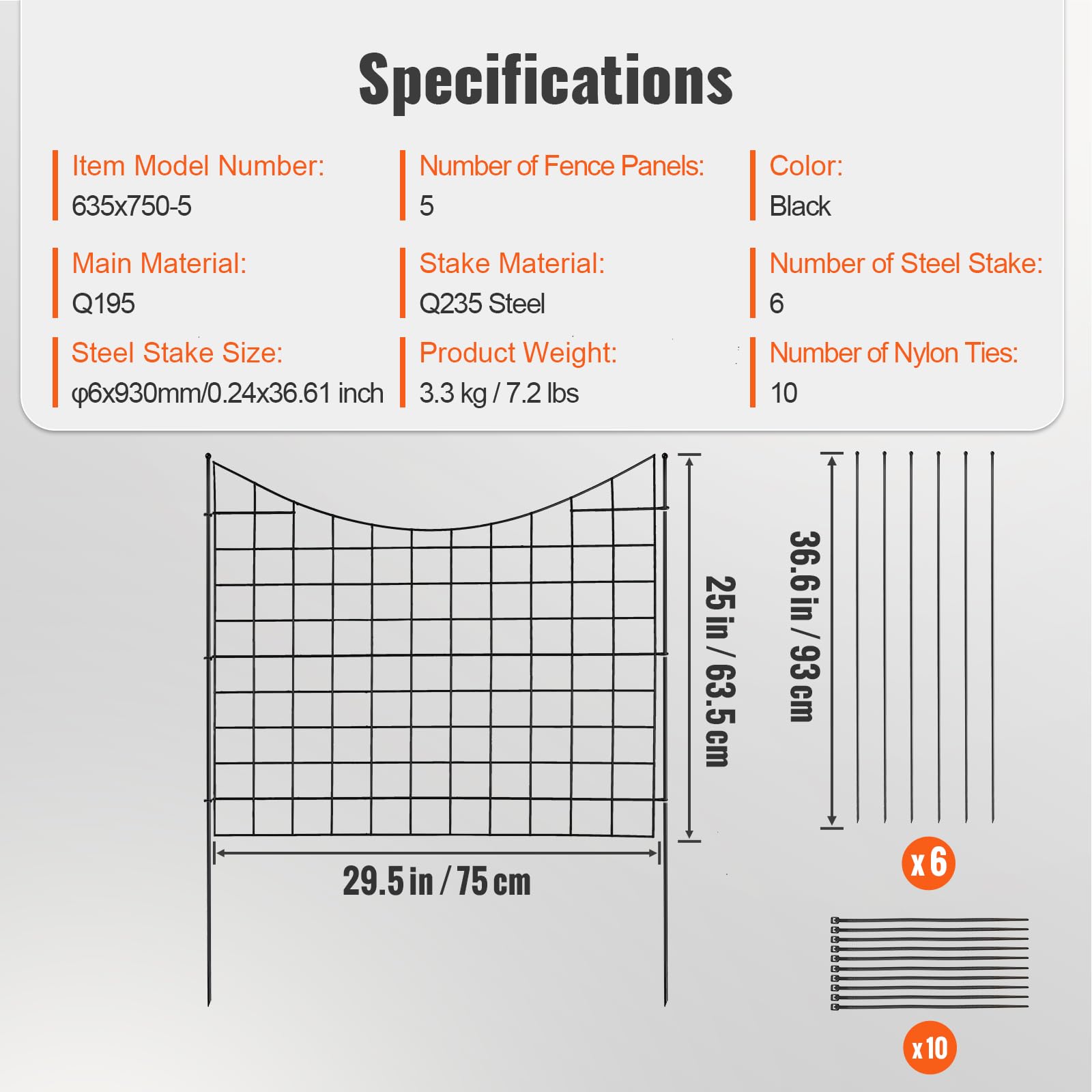 VEVOR Decorative Garden Fence, No Dig Fence 36.6in(H) x12ft(L) Animal Barrier Fence, Underground Garden Fencing with 2.5 Inch Spike Spacing, Metal Dog Fence for The Yard and Outdoor Patio, 5 Pack