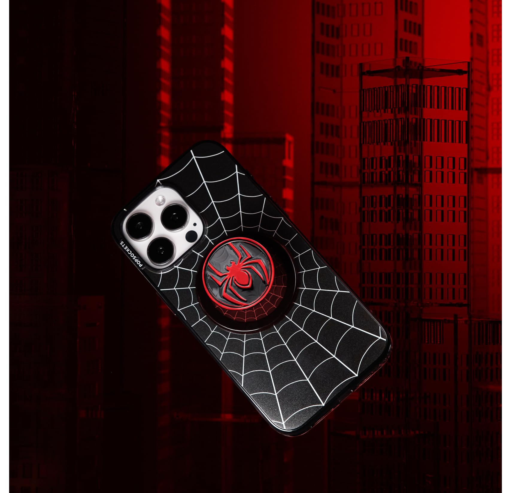 PopSockets iPhone 15 Pro Case with Round Phone Grip Compatible with MagSafe, Phone Case for iPhone 15 Pro, Wireless Charging Compatible, Spiderman - Black Web
