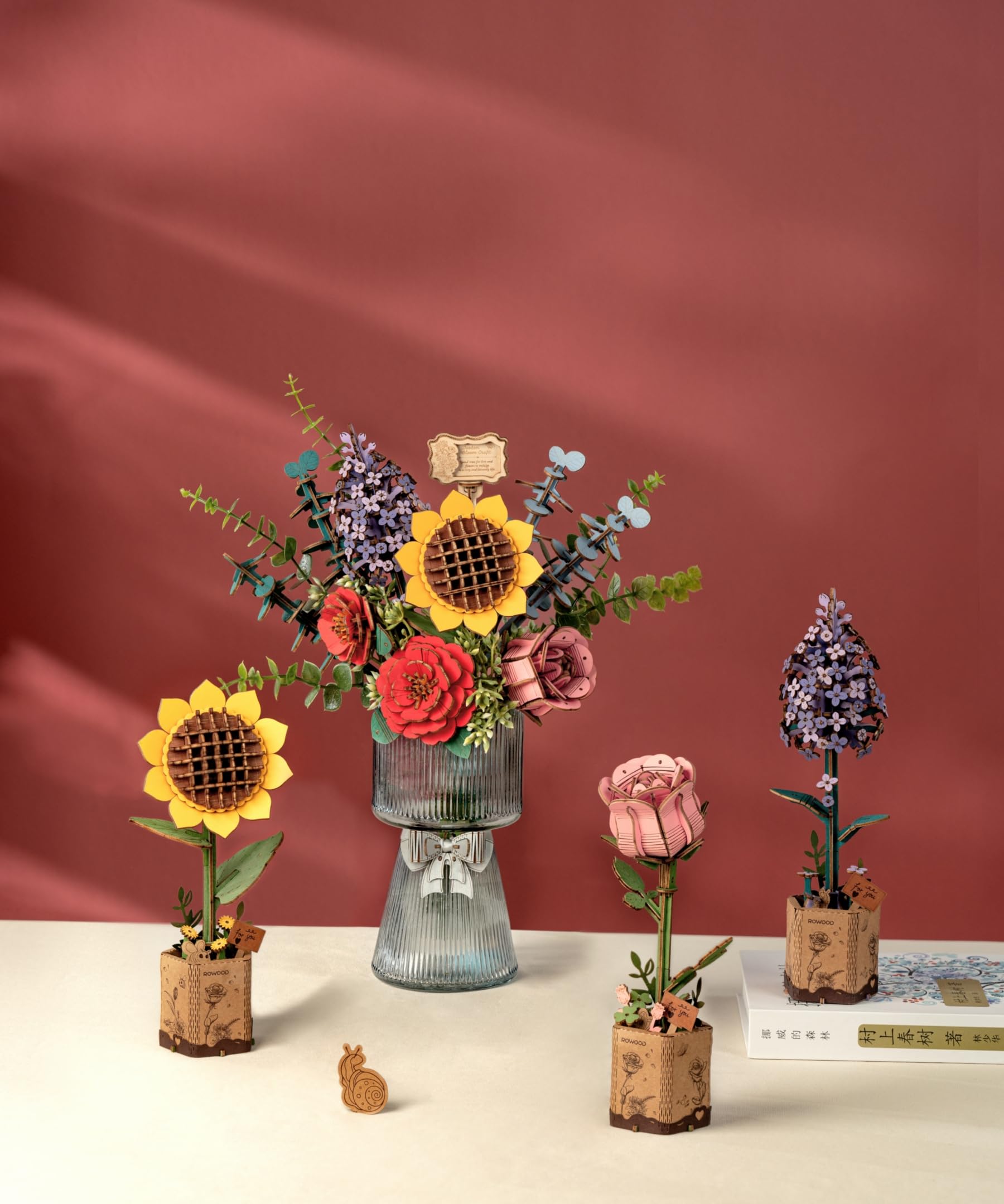 Wowood 3D Wooden Puzzles Flower Bouquet Model Kit Building Set for Adults, Wooden Flower Building Toy Botanical Collection, Creative Gift Idea Home Decor(Sunflower/Red Camellia/Pink Rose/Lilac)