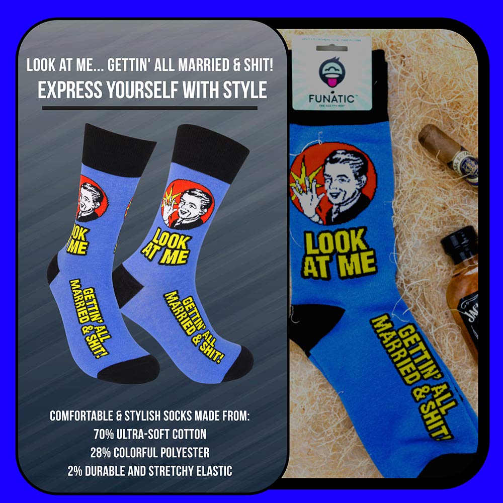 FUNATIC Look At Me Gettin All Married & Shit Novelty Crew Socks For Men Women | Funny Wedding Day Gift Idea Dress Apparel | Best Groom Bride Husband Wife To Be Marriage Clothing Present With Saying