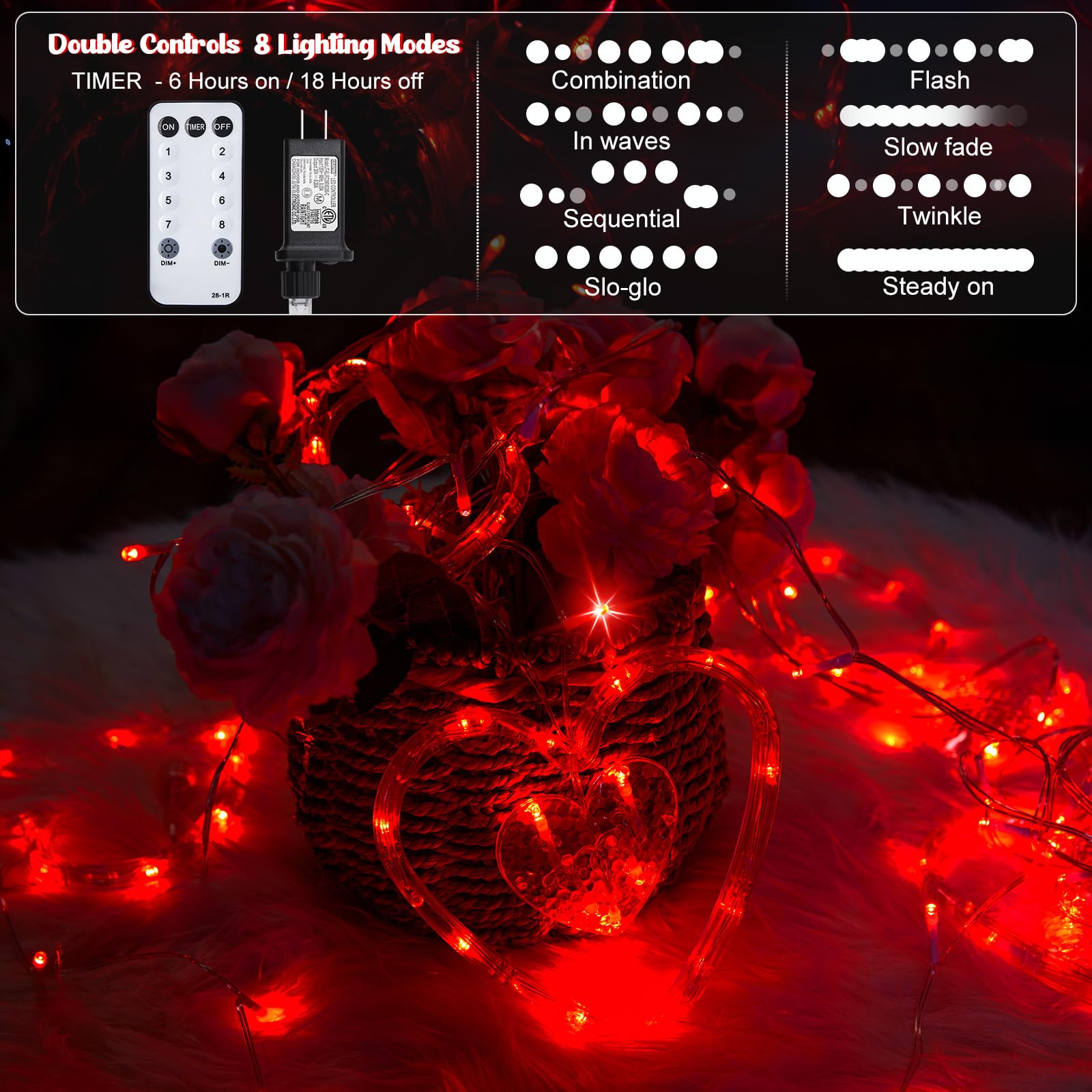 Valentines Day Decor, Red Love Heart String Lights for Bedroom, 12 Hearts 138 LED Fairy Twinkle Lights with Remote, 8 Lighting Modes Connectable Window Lights for Valentine's Day Wedding Home Decor