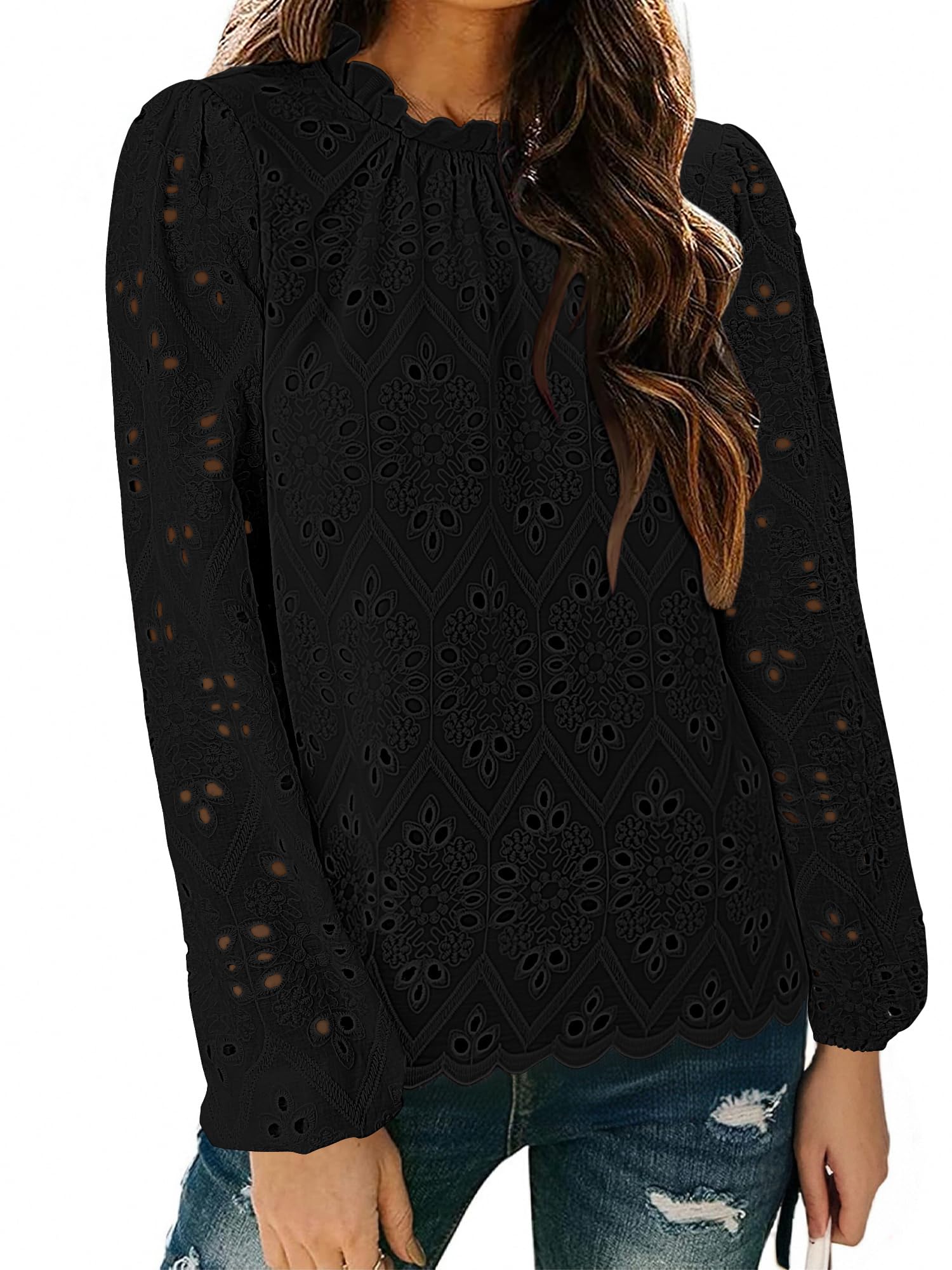 BETTE BOUTIK Woman Blouse Hollow Oversized Tunics Flowy Lady Tops Trendy Shirt for Women Long Sleeve Shirts Black X-Large