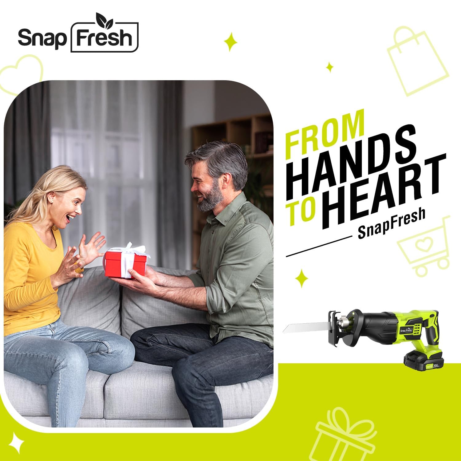 SnapFresh 20V Cordless Reciprocating Saw –3000 SPM, Variable Speed Trigger, Tool-Free Blade Change, LED Light, Lightweight & Compact for Wood, Metal, Plastic, 2.0Ah Battery & Fast Charger Included