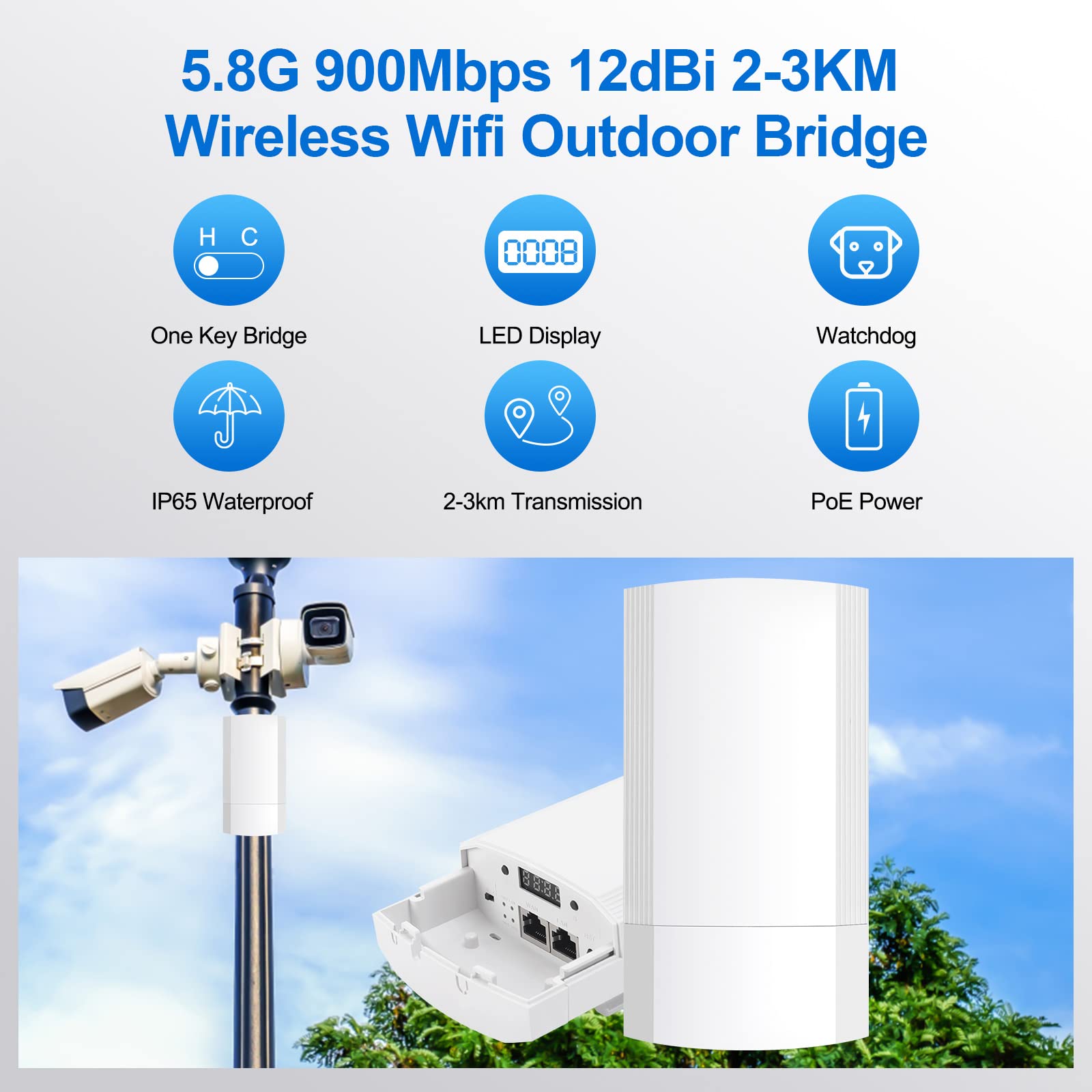 Wireless Bridge Set 900Mpbs 5.8G WiFi Outdoor CPE Point to Point Long Range up to 2-3KM CPE200 with 12dBi High-Gain Antenna，24V PoE Power, IP65 Waterproof,2-Pack, White