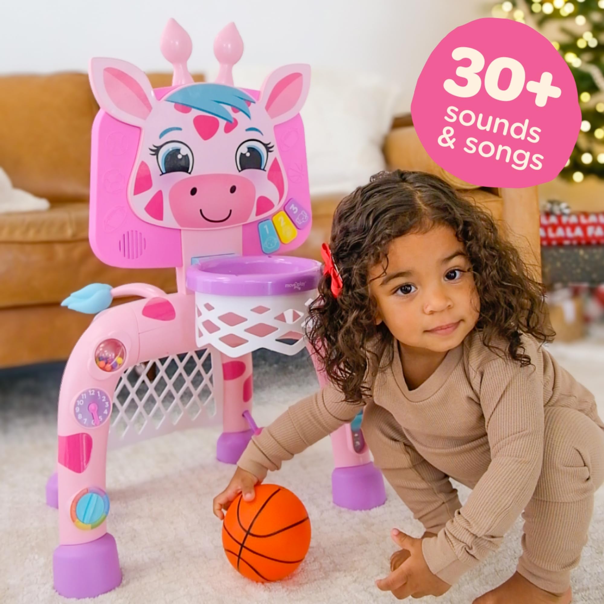 Move2Play, Giraffe Basketball Hoop & Soccer Goal Activity Center | 30+ Sounds & Lights | 1, 2, 3+ Year Old Christmas Gift & Birthday Present | 6, 12, 18, 24+ Month Toy For Baby, Toddler, Boys, & Girls