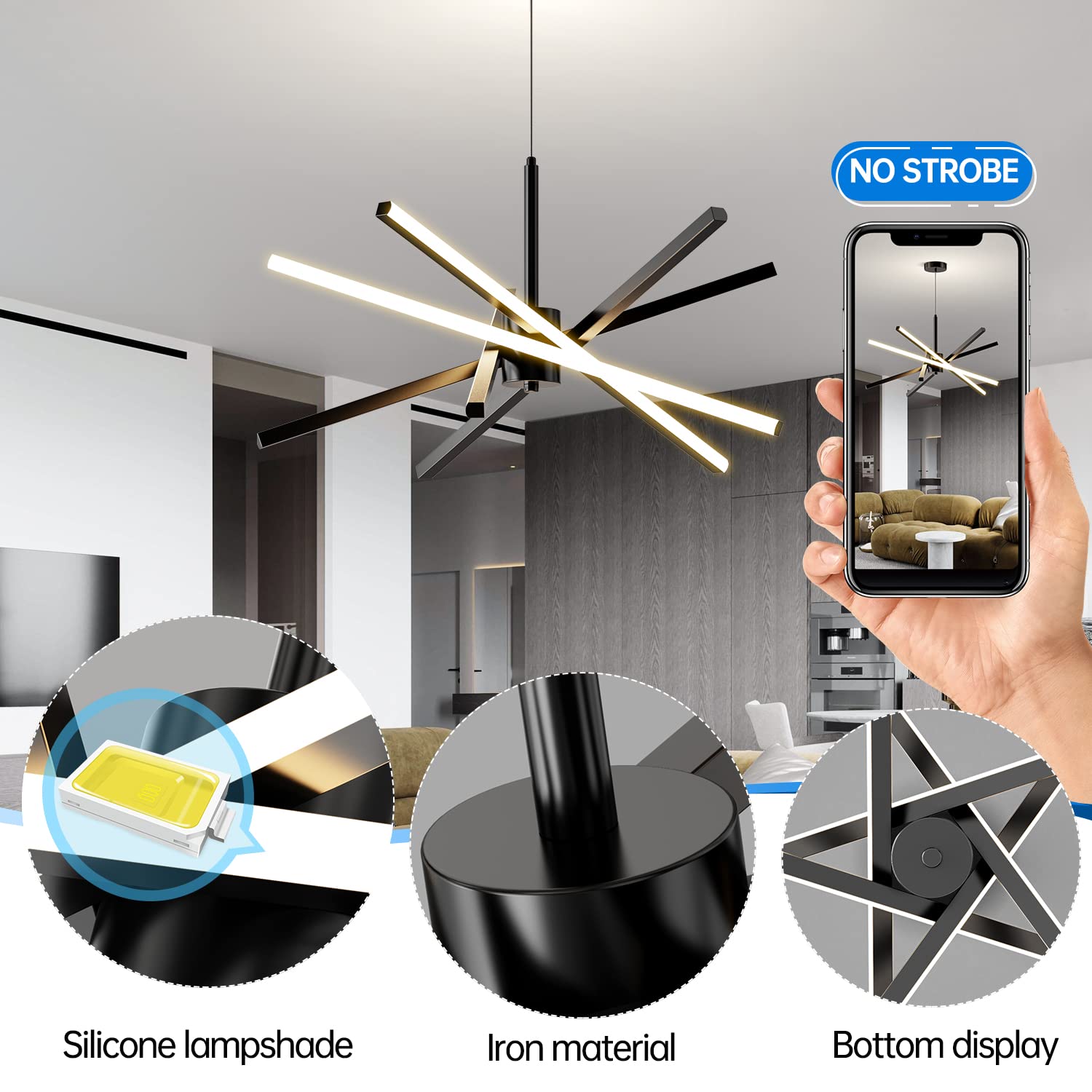 Modern Sputnik Chandelier Ceiling 82W LED Black Pendant Light Embedded Mount Chandeliers Dining Room Light Fixtures Over Table Dimmable with Remote Control for Living Room Kitchen Bedroom 31.5 inches