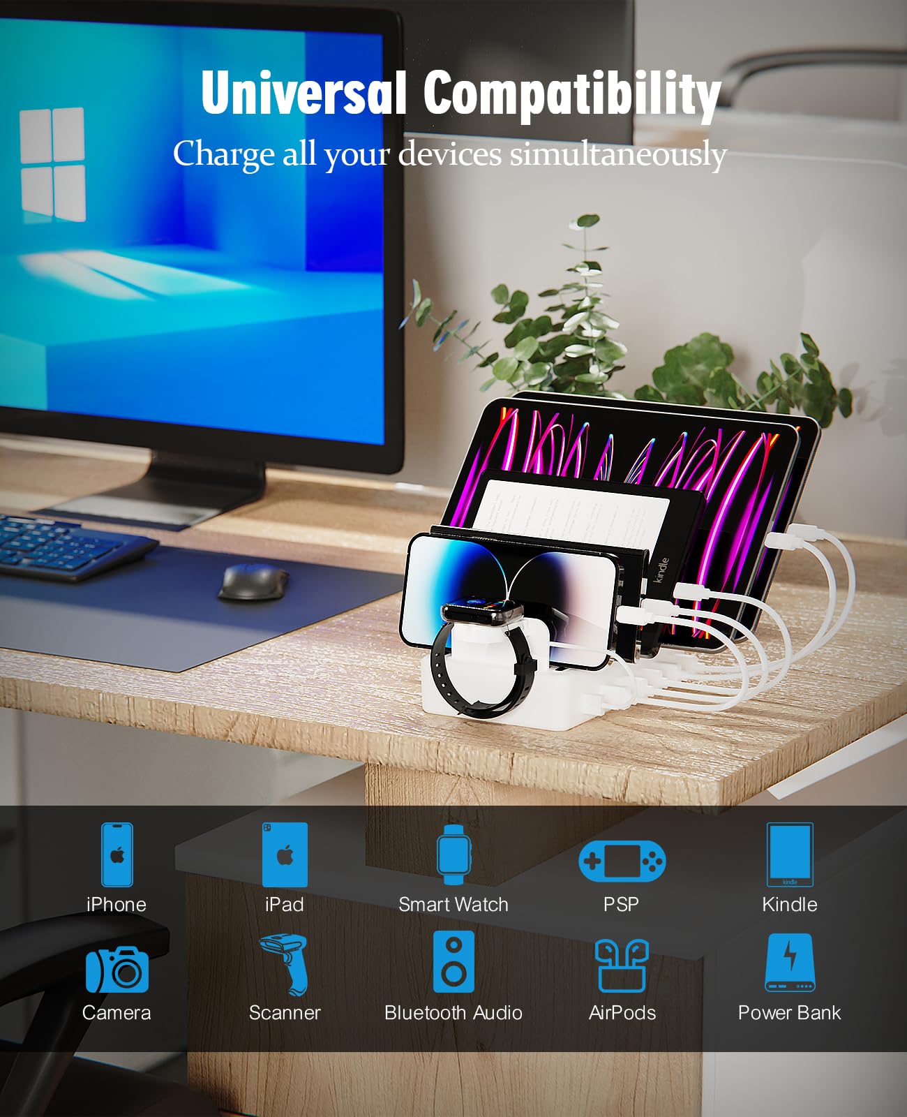 Charging Station Multiple Charger Station - 2025 New 6-Port USB Fast Charging Dock 50W Organizer Station with Watch Charger for iPhone|Android Cell Phone|iPad|Kindle|Watch|Tablet