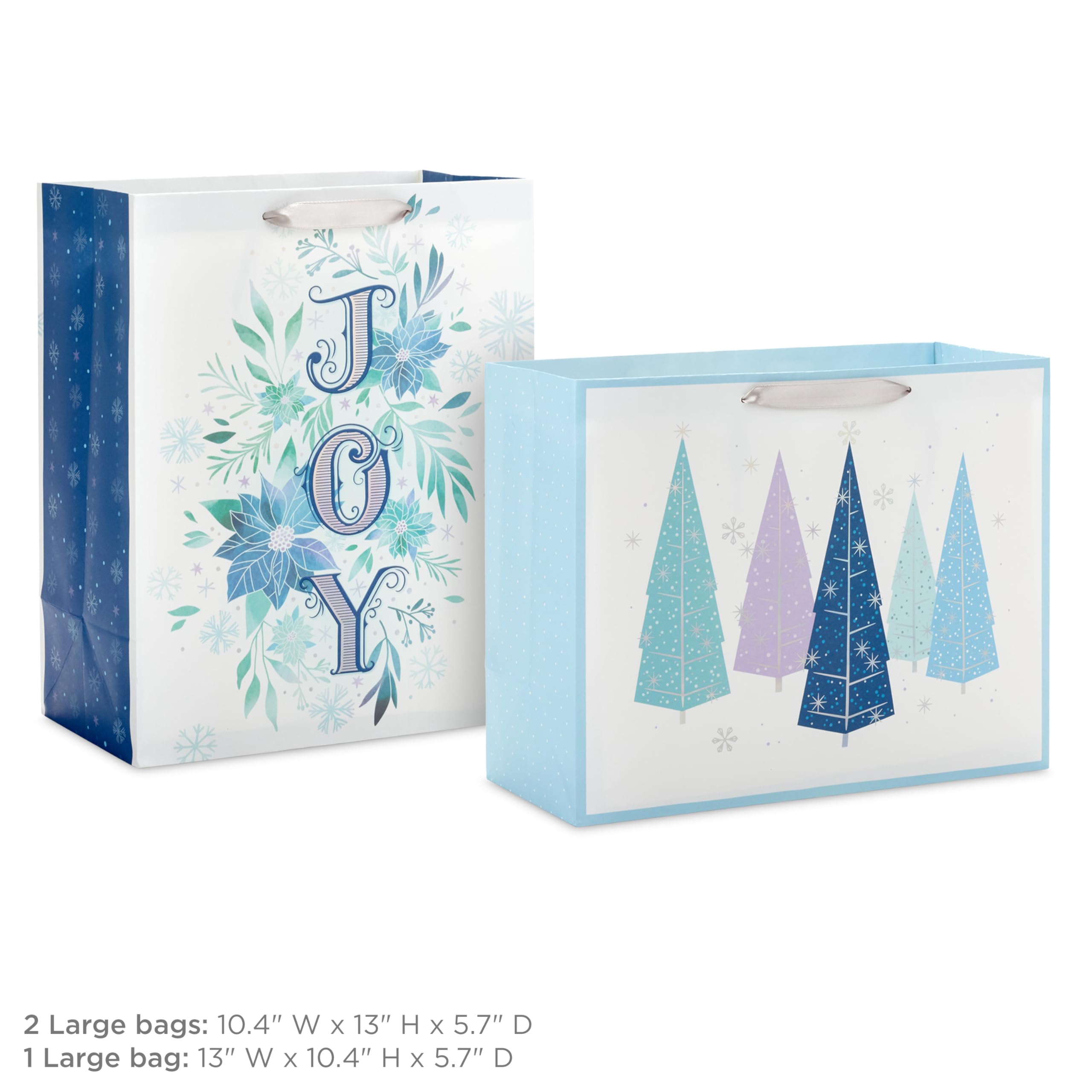 Hallmark 13" Large Gift Bag Bundle (3 Bags: 2 Vertical, 1 Horizontal) Watercolor Winter Wreath, Trees, Joy in Lavender, Sage Green, Light Blue, Silver