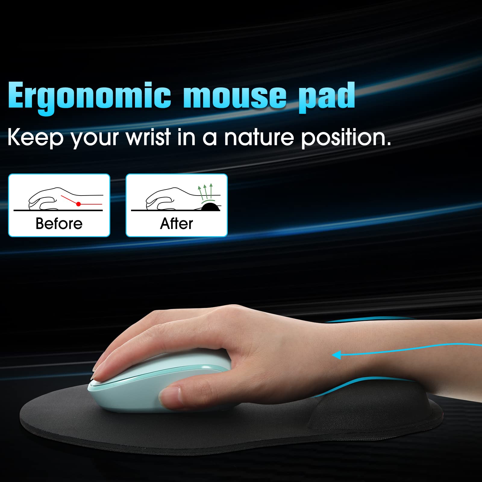 Yunsailing 8 Pack Ergonomic Mouse Pad with Wrist Rest Support Gel Memory Foam Mousepad Comfortable Computer Pad for Pain Relief(Black)