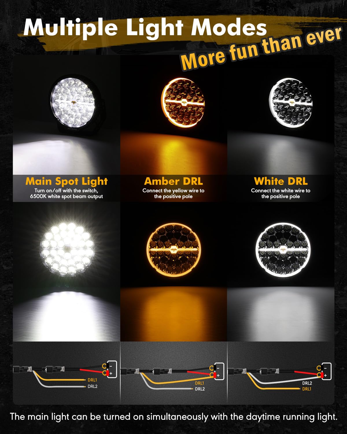 Auxbeam RAY-L Series 9 Inch LED Off-Road Lights, Amber White DRL 3 Modes, 318W 34180LM Round Offroad Lighting, Spot Beam Automotive Light Bar, for 4x4 Truck SUV ATV UTV, Pair