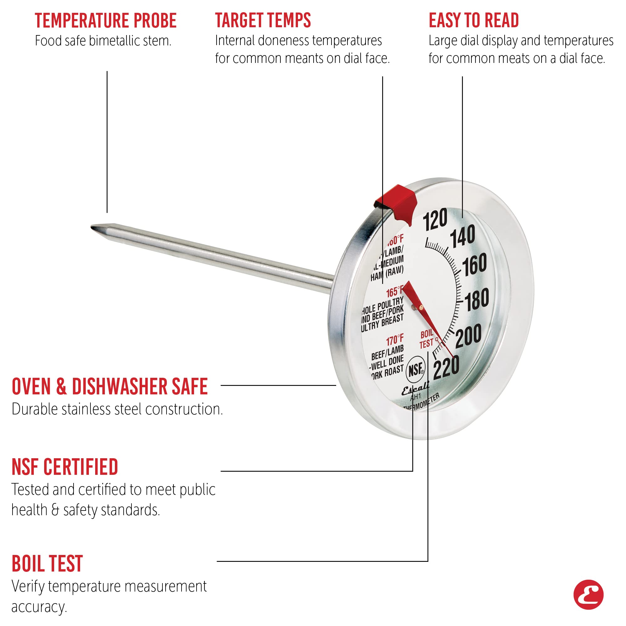 Escali AH1 Stainless Steel Oven Safe Meat Thermometer, Extra Large 2.5-inches Dial, Temperature Labeled for Beef, Poultry, Pork, and Veal Silver NSF Certified