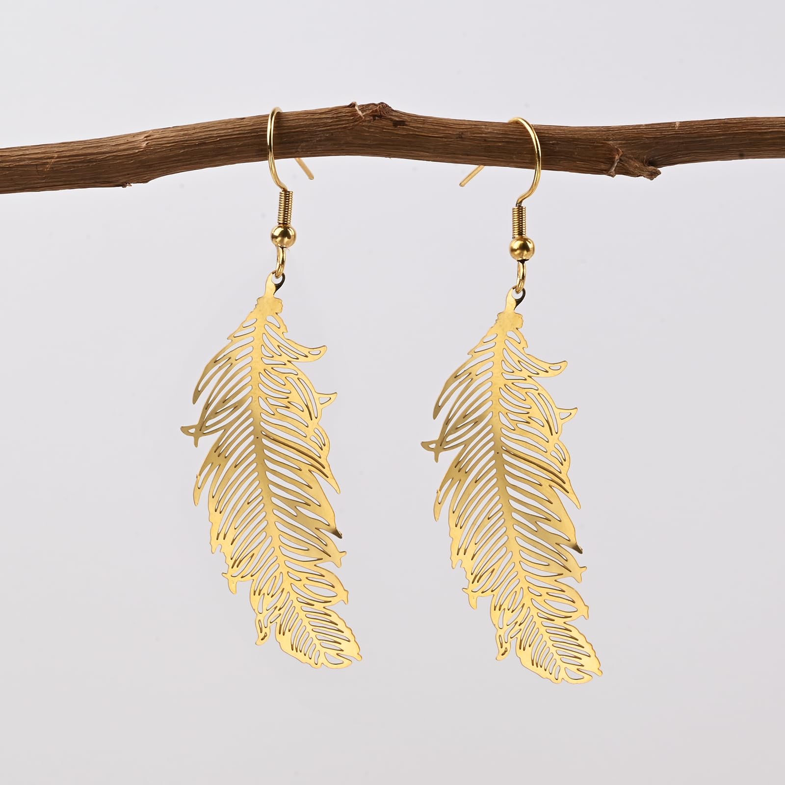 Gold Feather Leaf Drop Dangle Earrings for Women, Handmade Long Earrings Hypoallergenic Plant Earrings for Gift