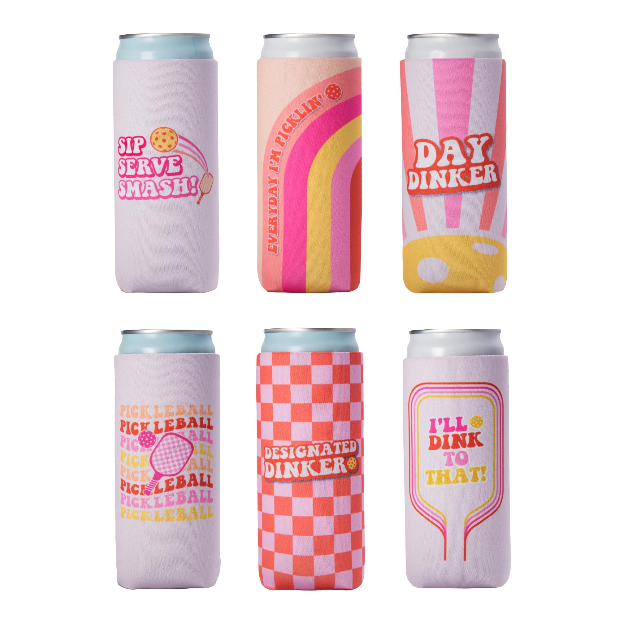 Funny Pickleball Gifts for Women I Pickleball Themed Slim Can Coolers Set (6 Pack) I Girly & Trendy Drink Insulators for Pickleball Party I Perfect Pickleball Accessories for Women