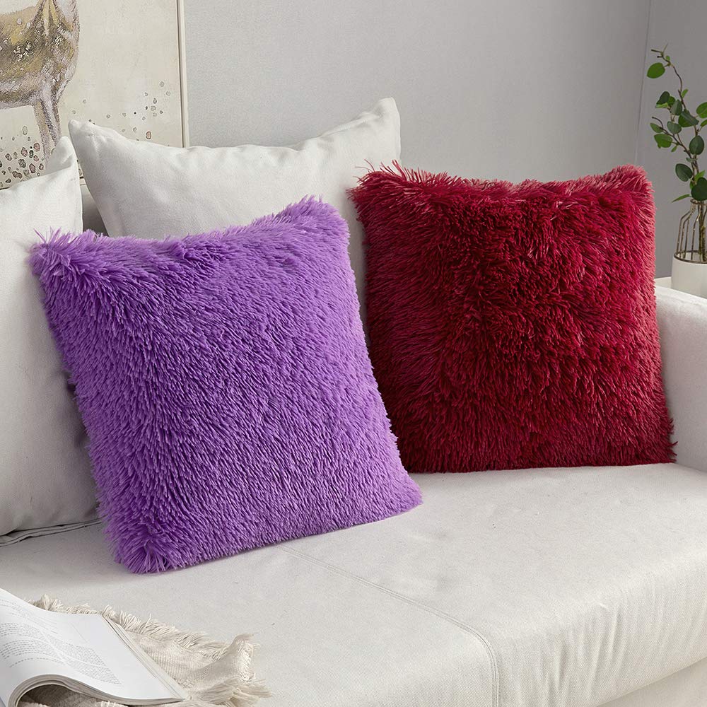 MIULEE Pack of 2 Luxury Faux Fur Throw Pillow Cover Deluxe Winter Decorative Plush Pillow Case Cushion Cover Shell for Sofa Bedroom Car 18 x 18 Inch Purple