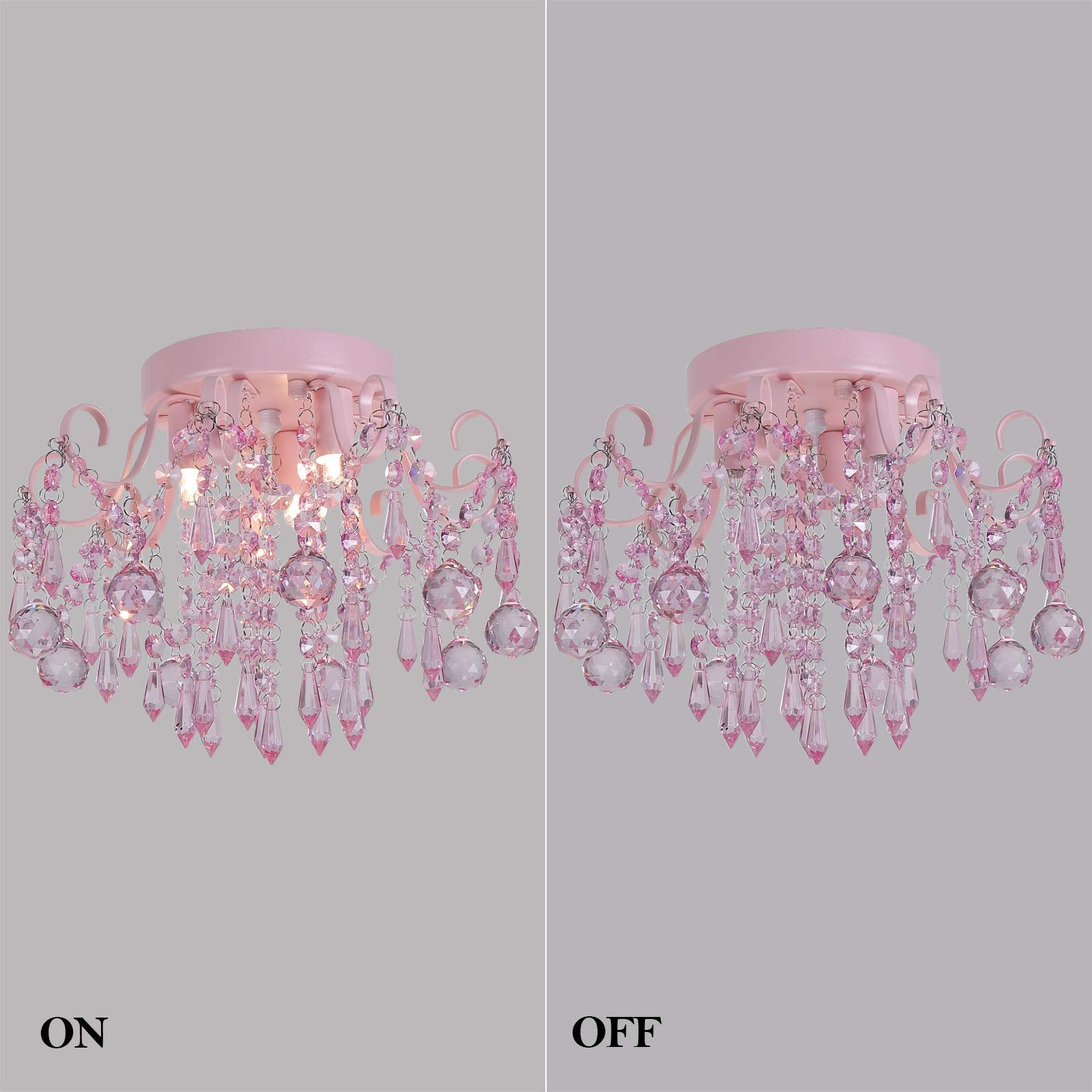 Q&S Mini Chandelier Crystal,Semi Flush Mount Pink Girl Chandelier, Small Crystal Ceiling Light Fixture Bedroom Bathroom Closet Nursery 3 Lights