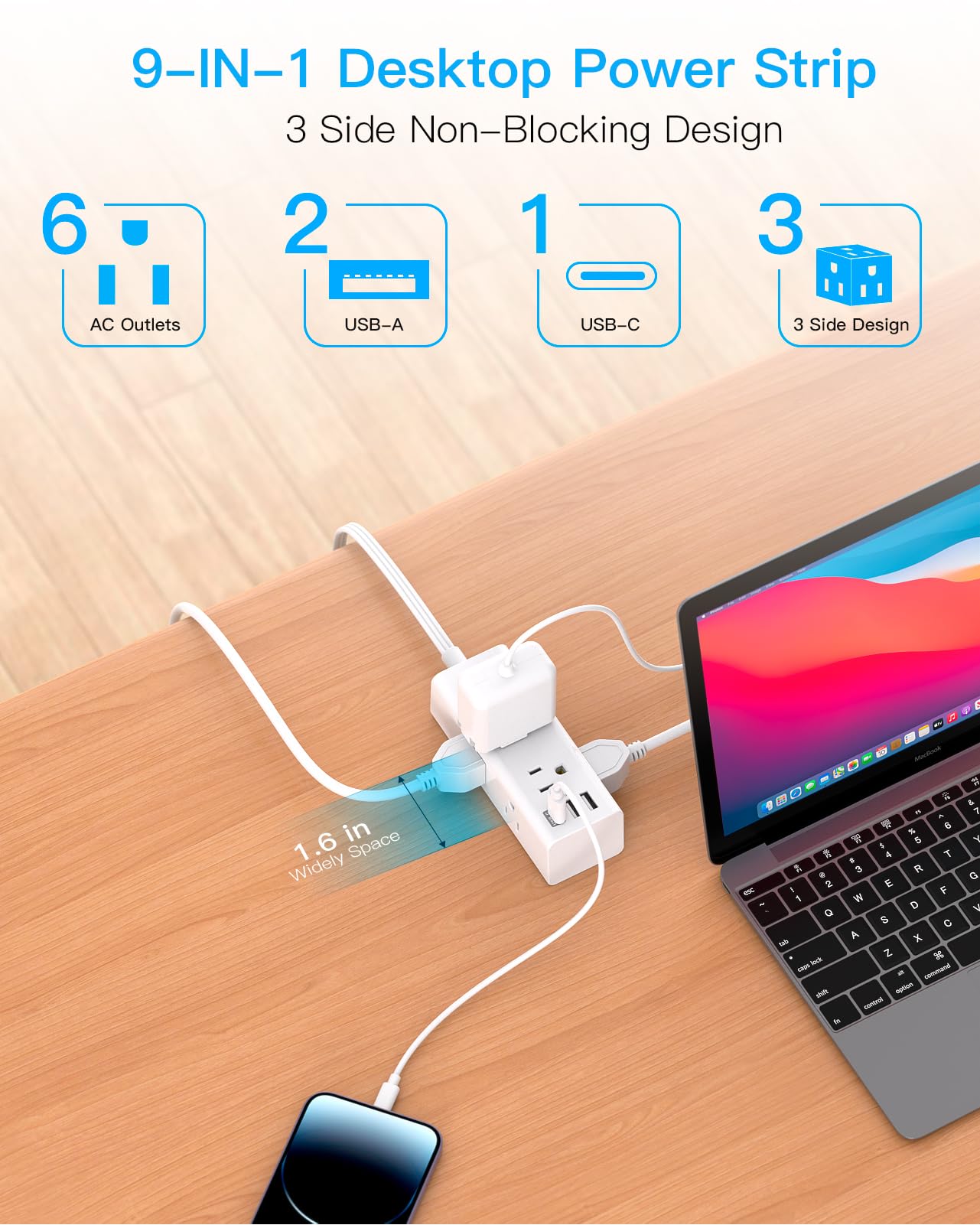 10Ft Extension Cord with Multiple Outlets, Flat Plug Power Strip Surge Protector with 10 Ft Long Cord, 6 Outlet 3 USB Ports (1 USB C), Multi Outlet Wall Plug for Travel, College, Dorm Room Essentials