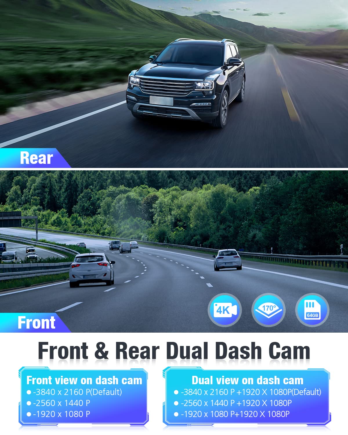 OMBAR Dash Cam Front and Rear 4K/2K/1080P+1080P 5G WiFi GPS, Dash Camera for Cars with 64G SD Card, Dual Dash Cam with WDR Night Vision, 24h Parking Mode,170°Wide, G-Sensor, Loop Recording, APP