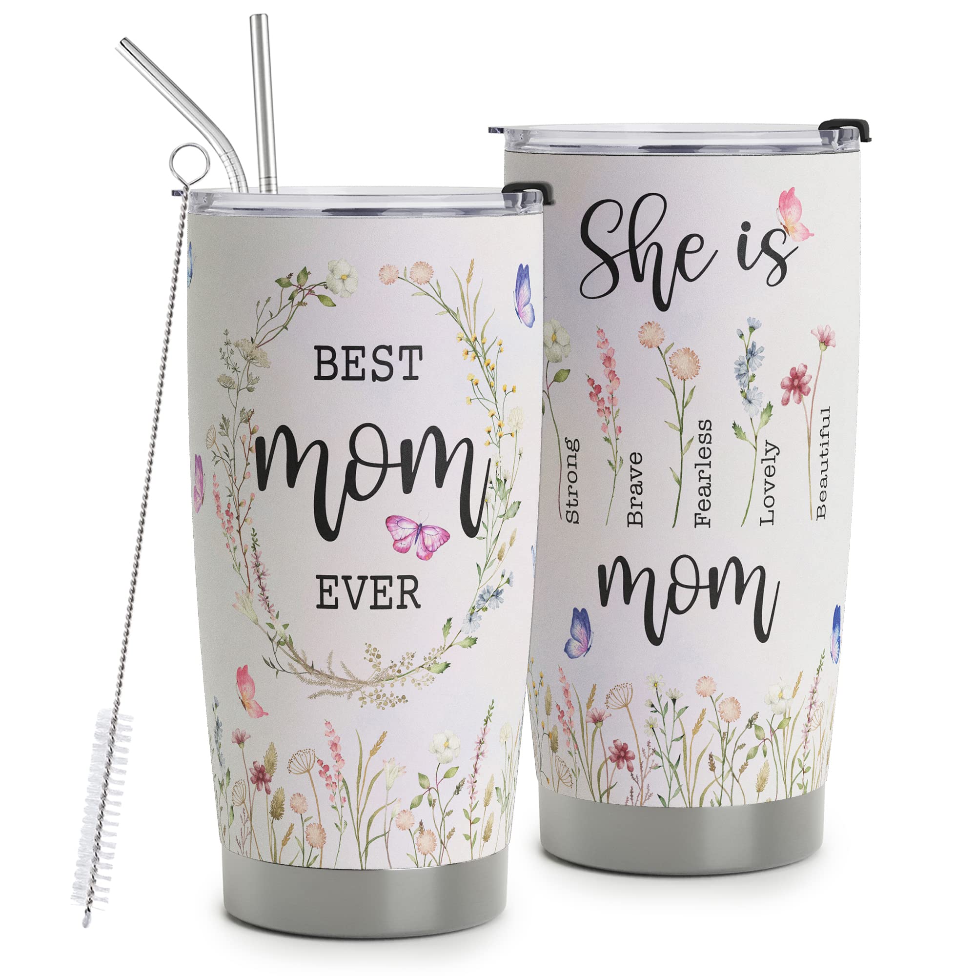 HOMISBES Best Mom Tumbler - She is Strong Vacuum Insulated Stainless Steel Travel Mug with Straw for Mom Birthday Mothers Day - Cute Flora Mom Cups 20oz