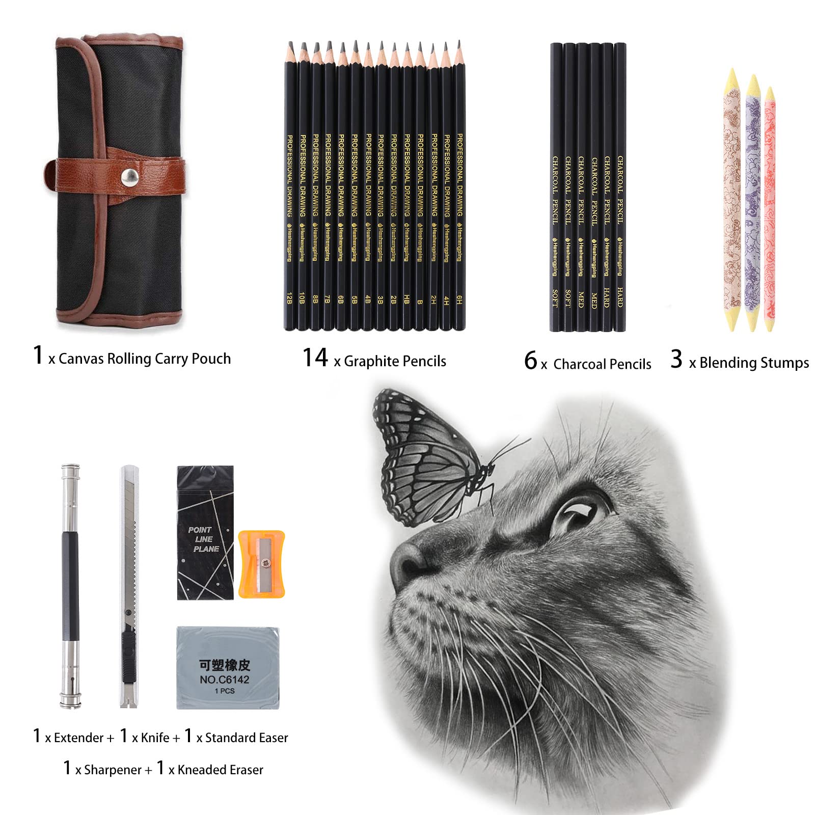 Heshengping Drawing Pencils Sketch Pencil Art Supplies Set for Kids Adults beginners Professional Sketching Art Graphite Charcoal Blending Stump Pencils kit