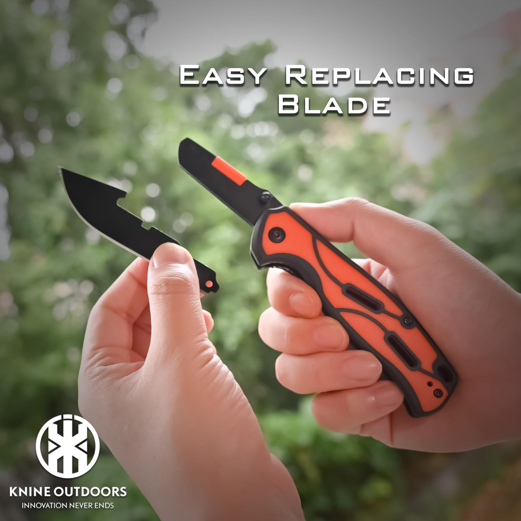 KNINE OUTDOORS Hunting Pocket Knife With Replaceable Blades and Clip, Skinning for Deer Hunting, EDC With 9 Blades (Orange)