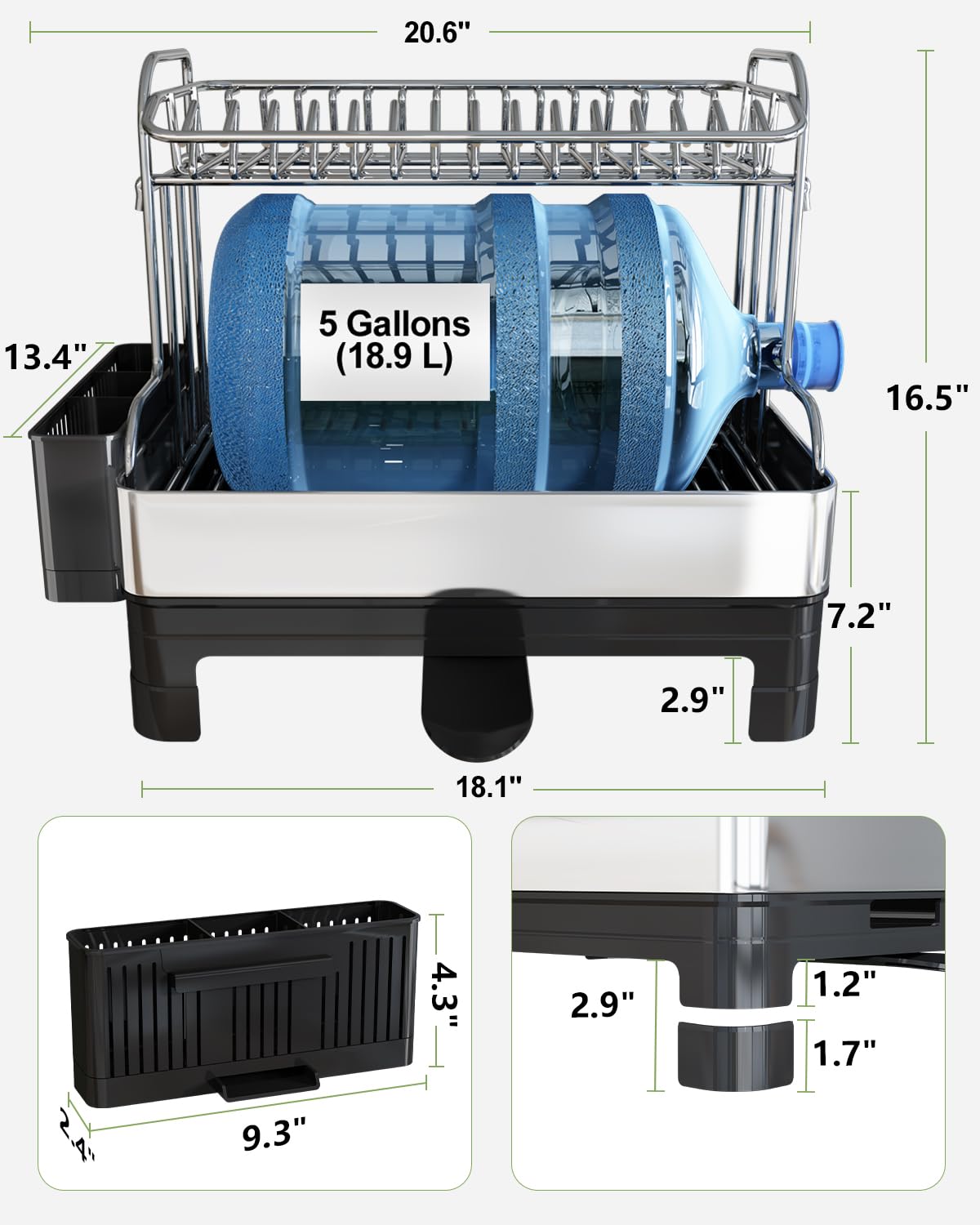 BOOSINY Stainless Steel Dish Drying Rack, Extra Large Dish Racks for Kitchen Counter, 2 Tier Dish Drainer and Drainboard Set with Swivel Spout, Full Size Dish Rack with Utensil Holder, Black