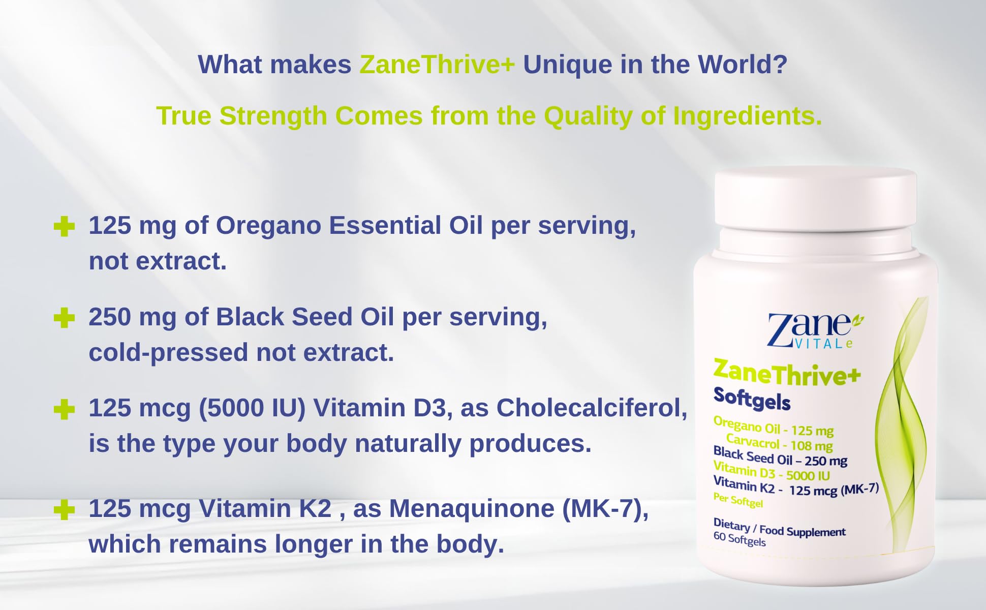 ZaneThrive+ Vitamin D3 & K2, Oregano Oil, Black Seed Oil Supplement - High Potency - Immune & Bone Wellness - with Carvacrol & Thymoquinone - Non-GMO, Gluten-Free - 60 Softgels by Zane Vital.