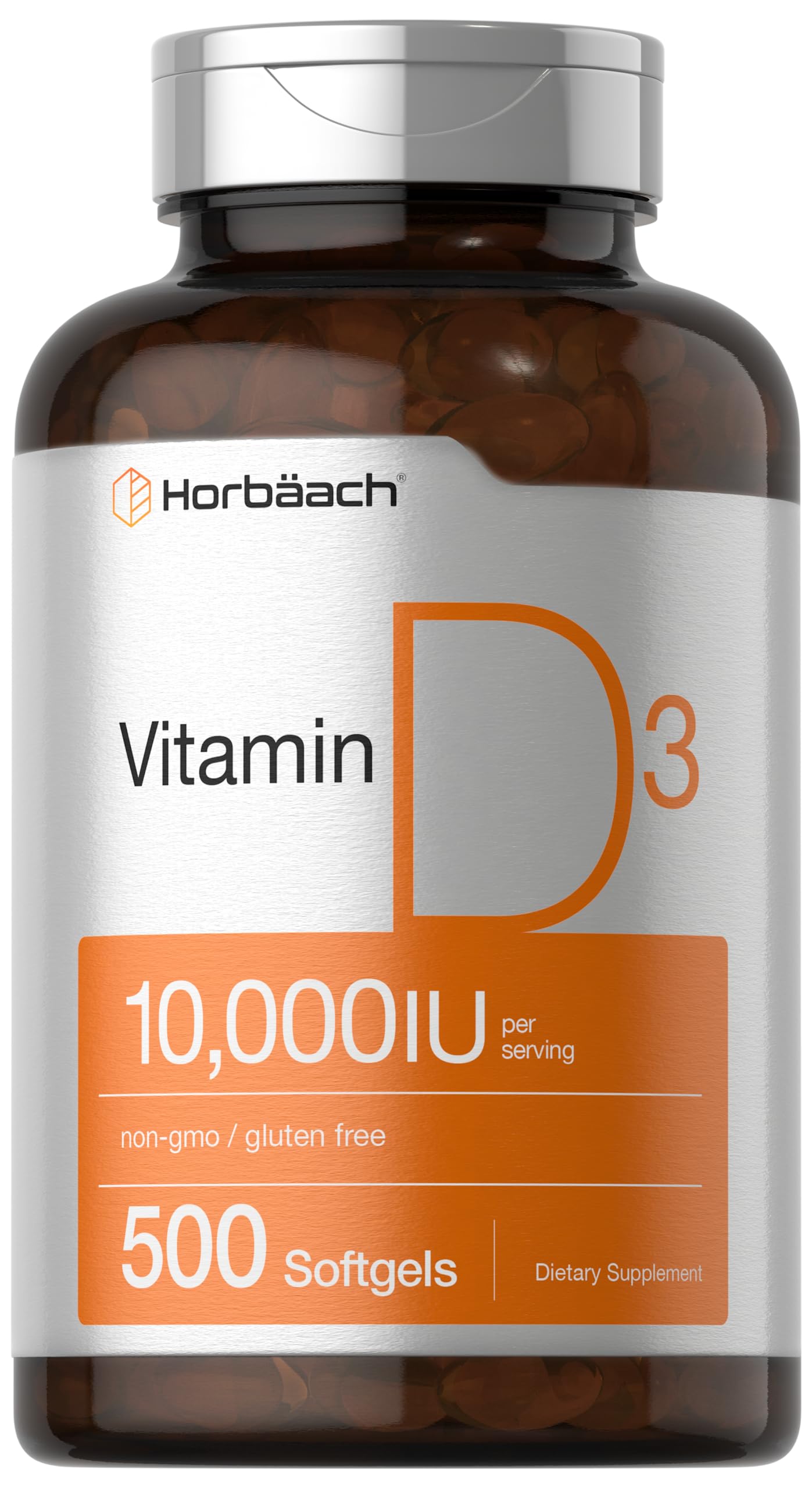 Horbäach Vitamin D3 10000 IU | 500 Softgels | Non-GMO, Gluten Free Supplement | Value Size | 250mcg | High Potency Formula