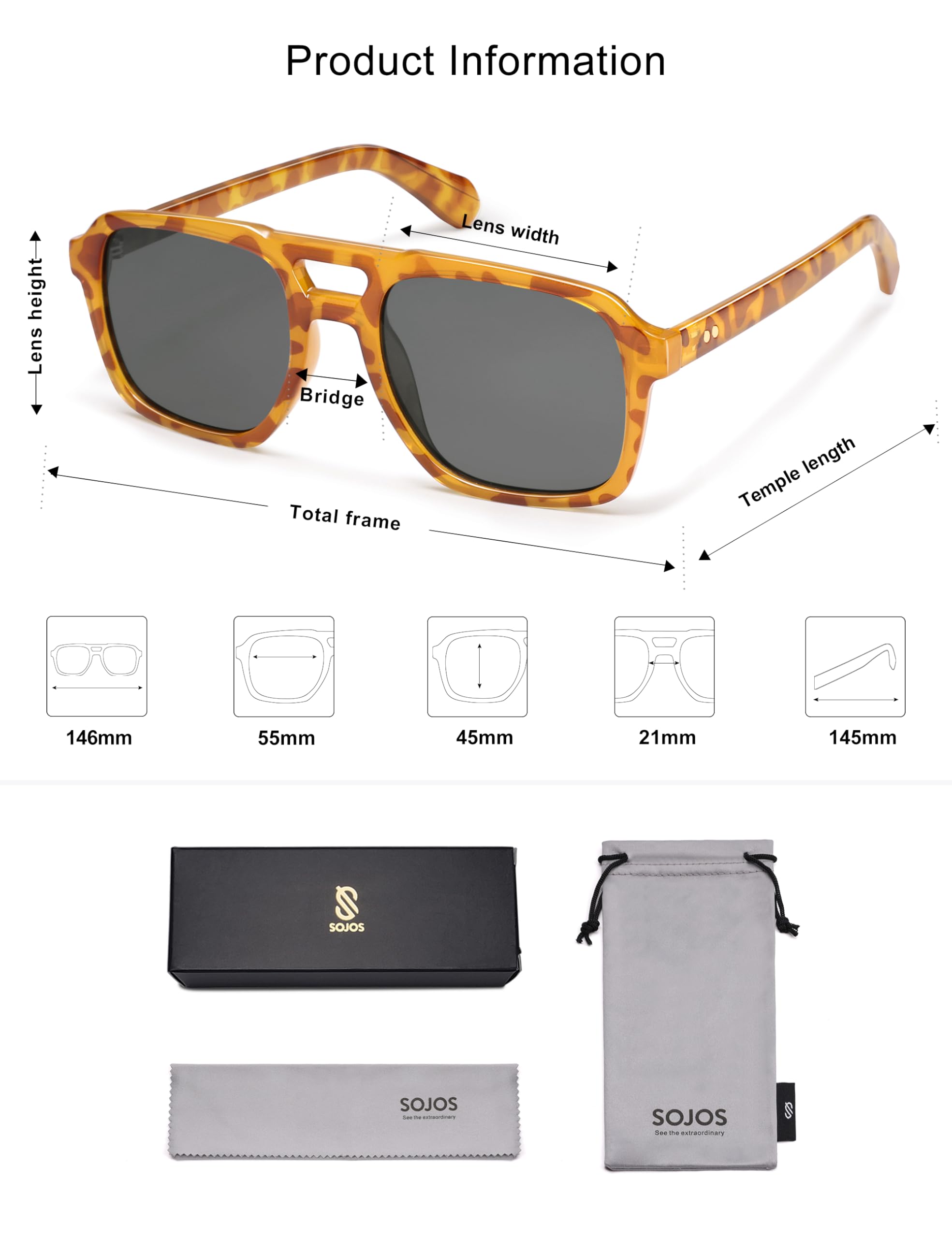 SOJOS Retro Aviator Polarized Sunglasses For Women Men Womens Oversized Thick Square Vintage 70s Sun Glasses SJ2330,Yellow Tortoise Grey