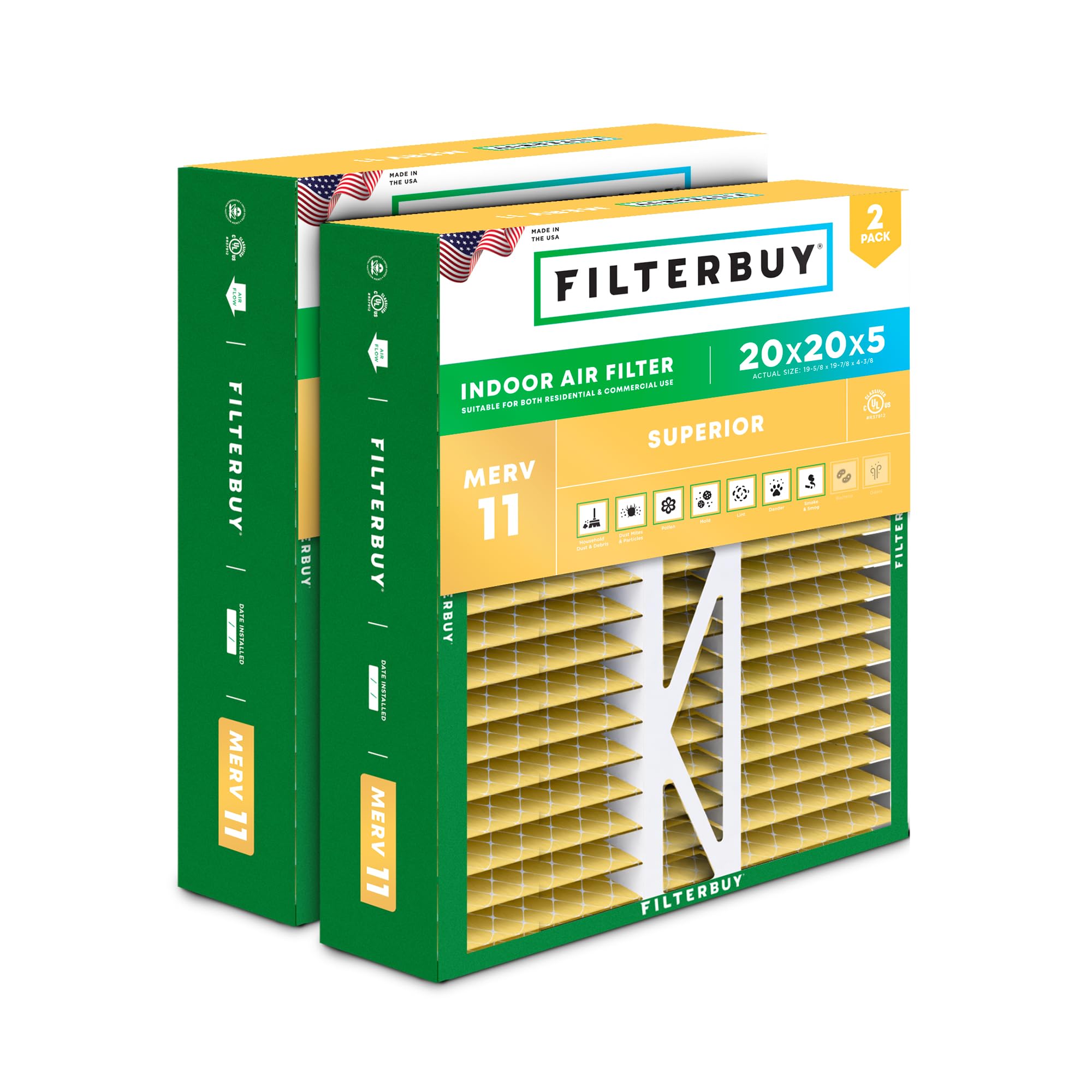 Filterbuy 20x20x5 Air Filter MERV 11 Allergen Defense (2-Pack), Pleated HVAC AC Furnace Air Filters Replacement for Honeywell FC100A1011, Lennox X0585 & More (Actual Size: 19.63 x 19.88 x 4.38 Inches)