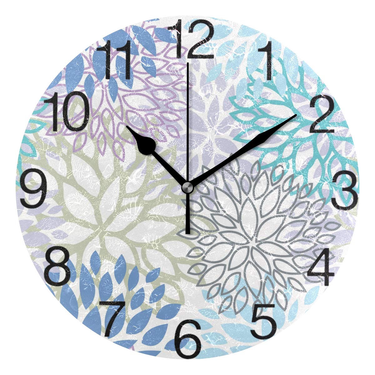 White Dahlia Round Wall Clock, Silent Non Ticking Oil Painting Decorative for Home Office School Clock Art, Blue Grey And Purple