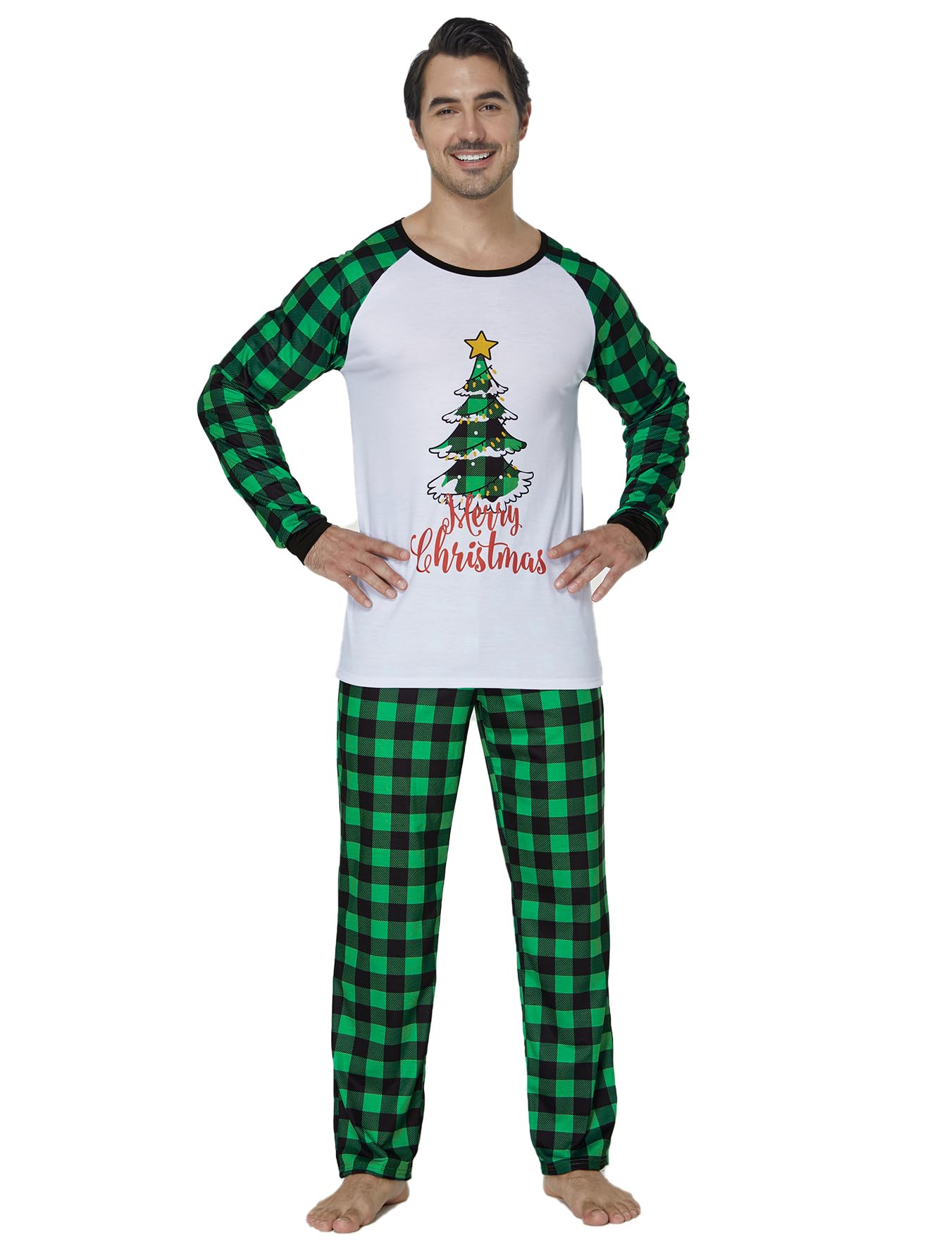 MyFav Matching Family Christmas Pajamas Xmas Tree Jammies for Adults and Kids Holiday Sleepwear,Green,Women-XS